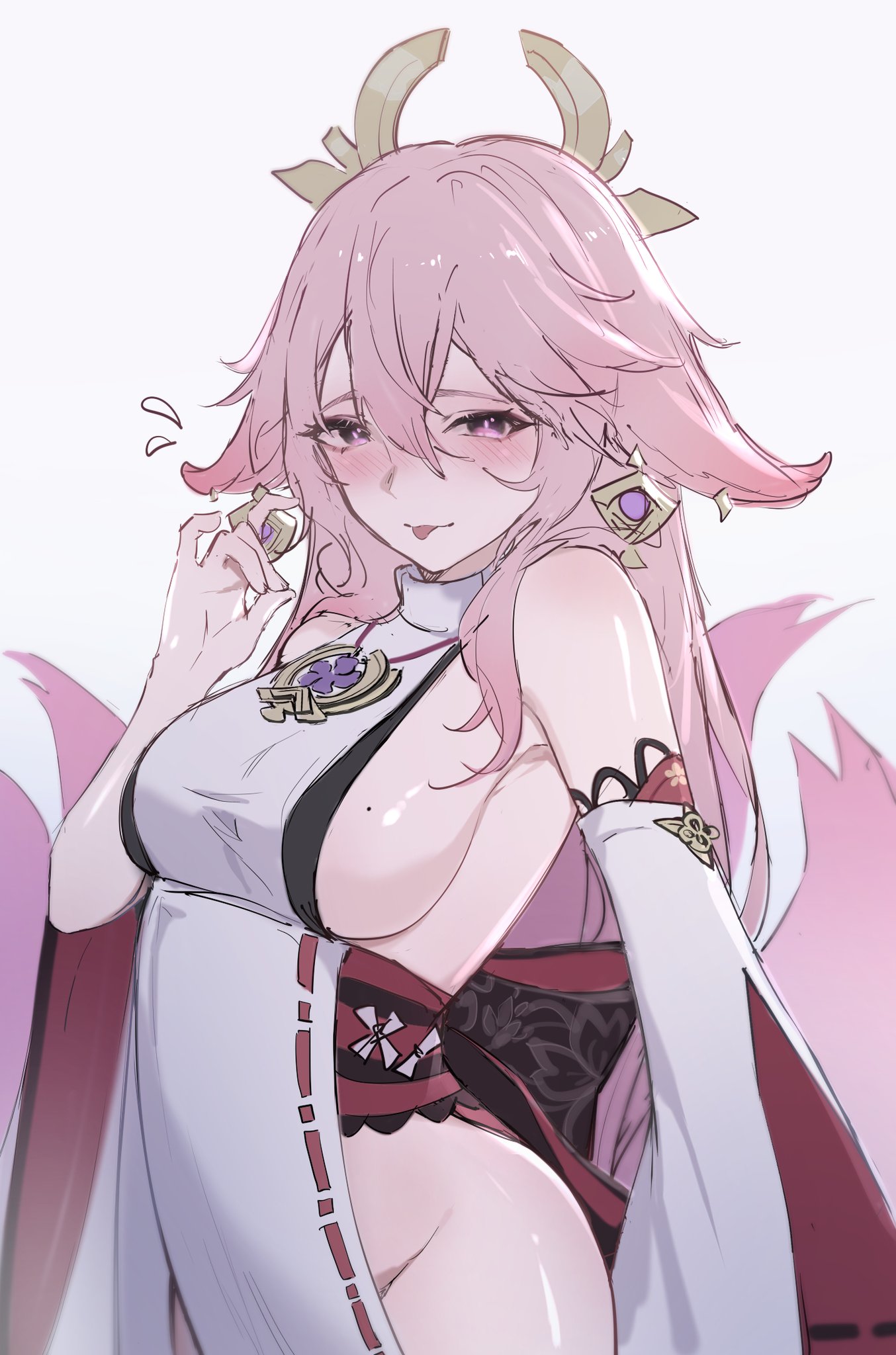breasts, earrings, female, genshin impact, light skin, light-skinned female, pale skin, pale-skinned female, sideboob, tagme, tongue, tongue out, yae miko, yamiiv