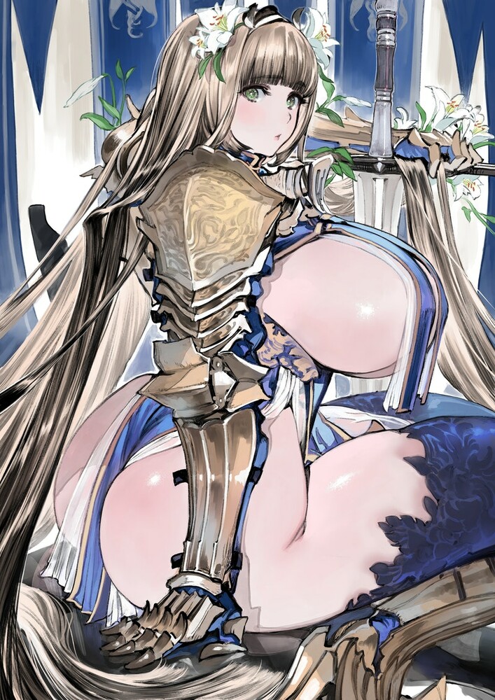 armlet bikini_armor blonde_hair curvy dat_ass female female_knight houden_eizou huge_ass huge_breasts indoor long_hair looking_at_viewer original original_character sideboob skimpy_clothes sword thick_thighs thong