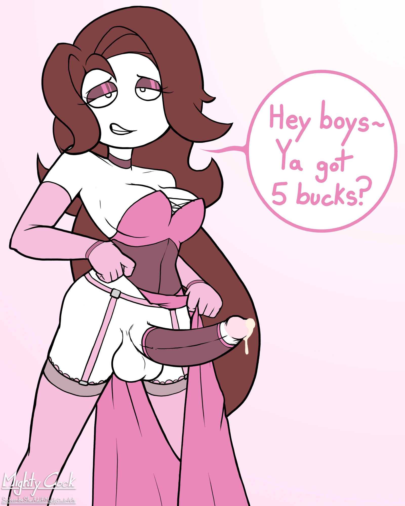 1futa, balls, big breasts, big penis, breasts, brown hair, clothed, clothing, dialogue, dripping precum, elbow gloves, erection, eyeshadow, futa only, futanari, gloves, half-closed eyes, humanoid, humanoid penis, intersex, jessica (jonathanpt), long hair, mightycock, partially clothed, pelvic curtain, pelvic curtain aside, penis, penis accessory, prostitution, solo, speech bubble, standing, tagme, text, thighhighs