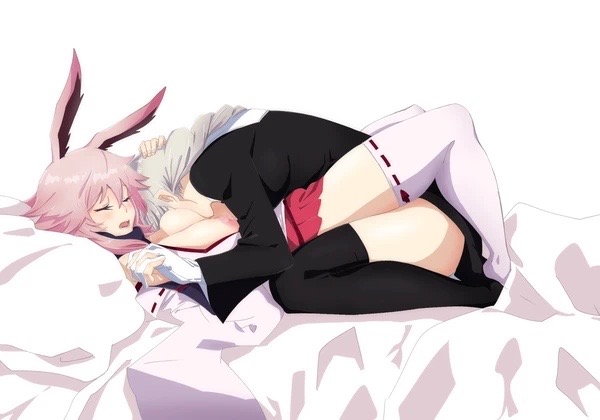 2girls bed blush breasts closed_eyes face_in_breasts female female_only hand_holding honkai_(series) honkai_impact_3rd kallen_kaslana lesbian_sex partially_clothed pink_hair pleasure_face silver_hair sitting_between_legs skirt stockings sucking_nipples thighhighs yae_sakura yae_sakura_(honkai_impact) yuri