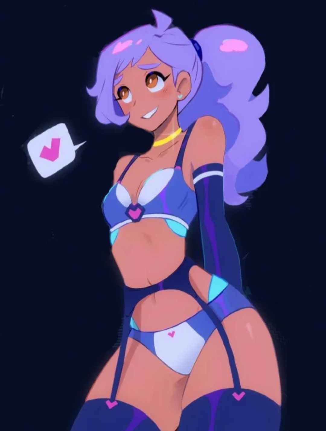1girls, blush, brawl stars, female, lingerie, orange eyes, purple hair, shelly (brawl stars), smile, thick thighs, unknown artist