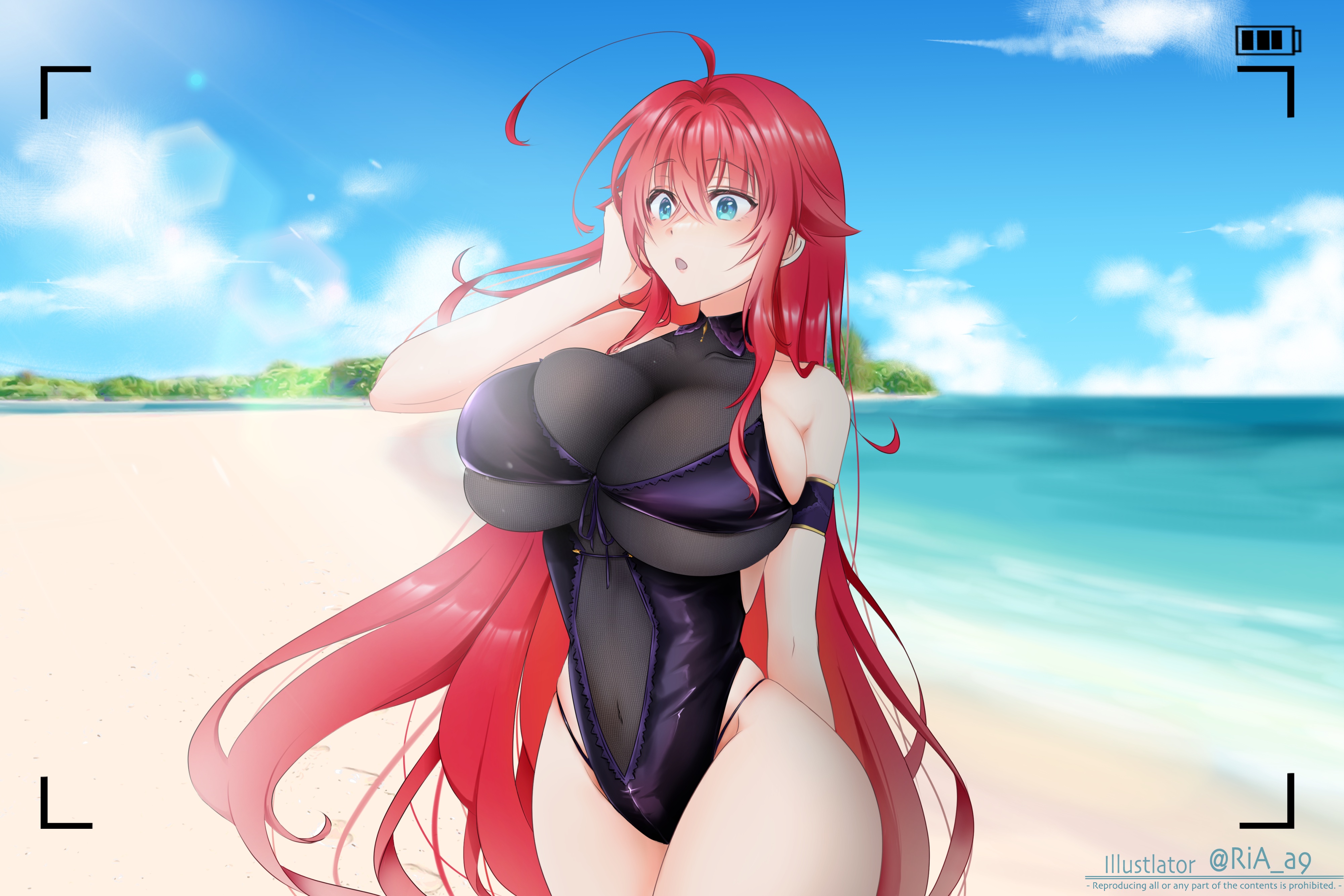 ahoge, beach, blue eyes, blush, breasts, female, female only, high school dxd, highleg, highleg swimsuit, huge breasts, looking at viewer, one-piece swimsuit, open mouth, recording, red hair, ria a9, rias gremory, solo, standing, thick thighs, thighs, uncensored, underwear, very long hair