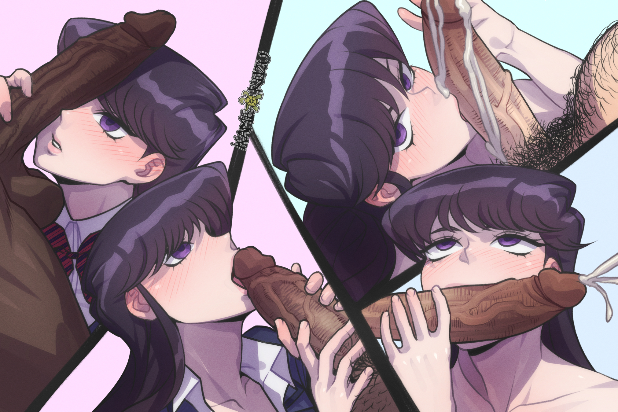 1girls, 4boys, asian, balls, big penis, blowjob, blush, clothed female nude male, cum, cumshot, dark skin, dark-skinned male, ejaculation, fellatio, female, high resolution, imminent oral, interracial, kamekuzu, kameseru, komi shouko, komi-san wa komyushou desu, light skin, light-skinned female, light-skinned male, long hair, male, multiple boys, multiple males, oral, penis, penis on face, petite, pubic hair, school uniform, schoolgirl, seductive eyes, seductive mouth, sucking penis, testicles, unseen male face, veiny penis