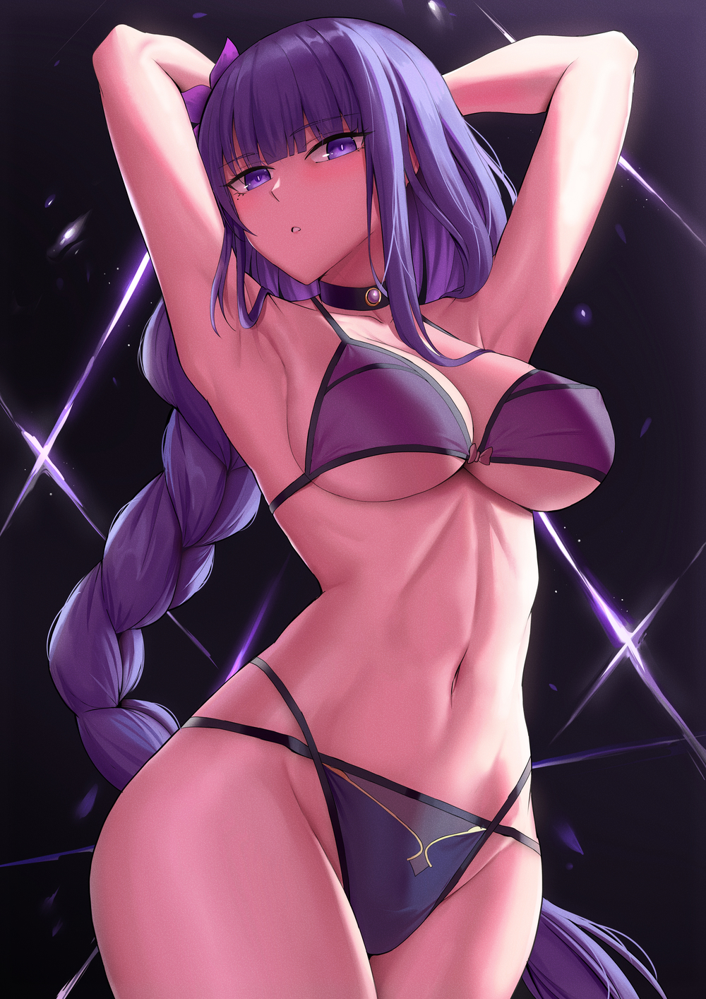 1girls armpits belly_button bikini braid choker curvy genshin_impact hi_res highres kakeku looking_at_viewer midriff milf mole mole_under_eye navel purple_bikini raiden_shogun swimwear thick_thighs underboob wide_hips