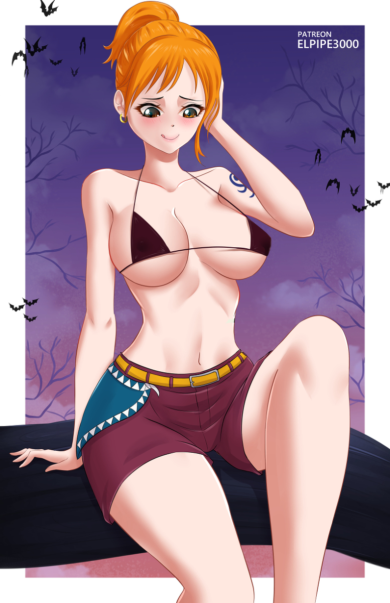 1girls, arm tattoo, bats, belt, bikini top, blue tattoo, cleavage, elpipe3000, female, female only, midriff, nami (one piece), navel, one piece, orange hair, orange-haired female, pre-timeskip, short shorts, shorts, slim waist, tattoo, tattooed arm, thriller bark, wide hips