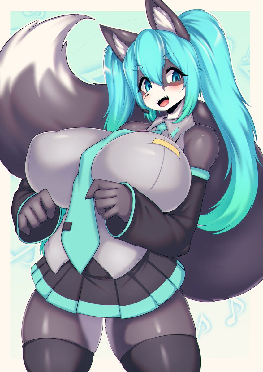 anthro, big breasts, blue eyes, blue hair, blush, breasts, clothed, cosplay, female, female only, grey body, grey fur, hanul, hatsune miku (cosplay), nipple bulge, nipples visible through clothing, open mouth, skirt, tailzkim, vocaloid, wolf, wolf ears, wolf tail