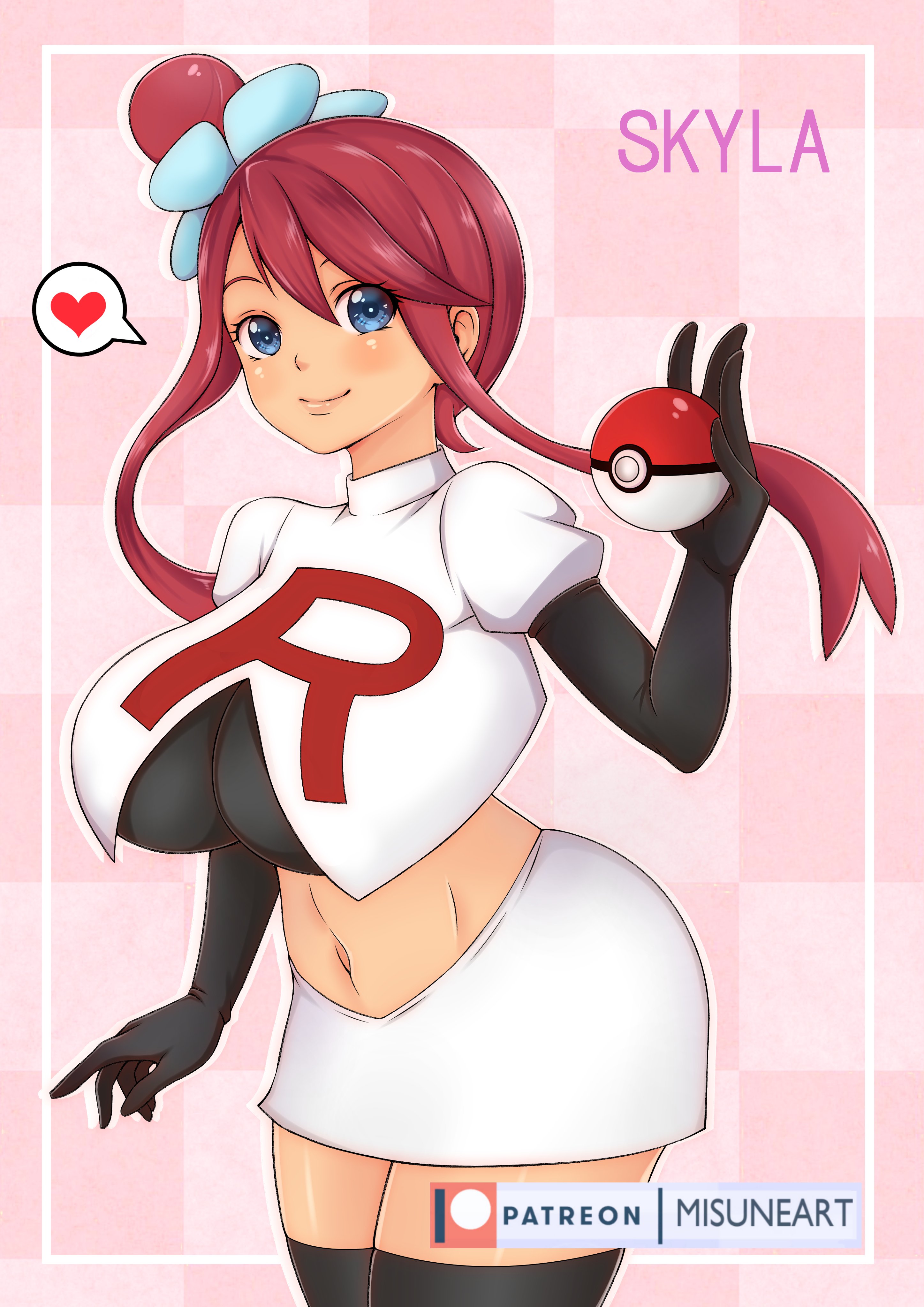 1girls, absurd res, alternate breast size, blue eyes, breasts, corruption, cosplay, enemy conversion, female, female only, hi res, large breasts, midriff, misune art, nintendo, pokemon, pokemon bw, red hair, skirt, skyla (pokemon), solo, team rocket, thighhighs, thighs, wide hips