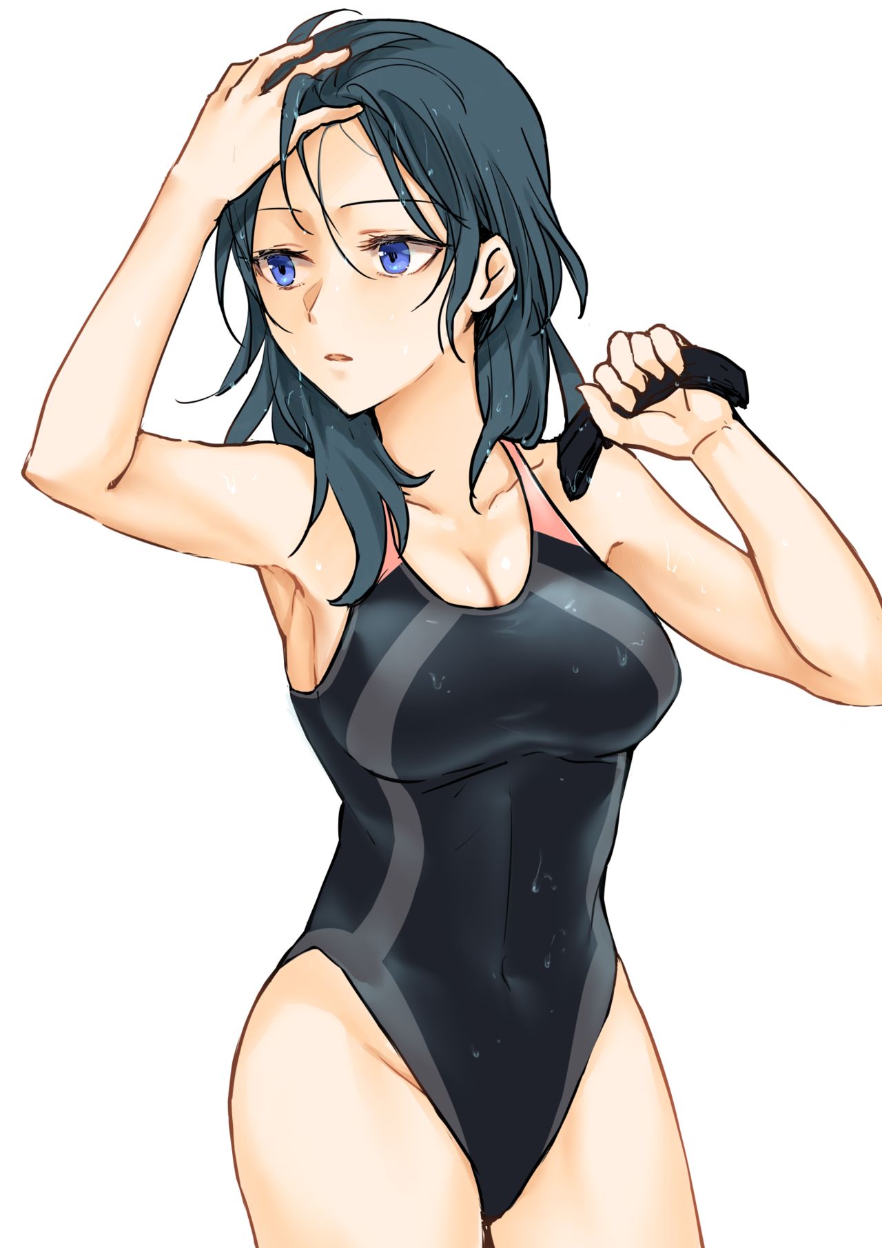 1girls armpits blue_hair byleth_(fire_emblem) byleth_(fire_emblem)_(female) fire_emblem fire_emblem:_three_houses fukuroumori large_breasts nintendo one-piece_swimsuit solo swimsuit wet