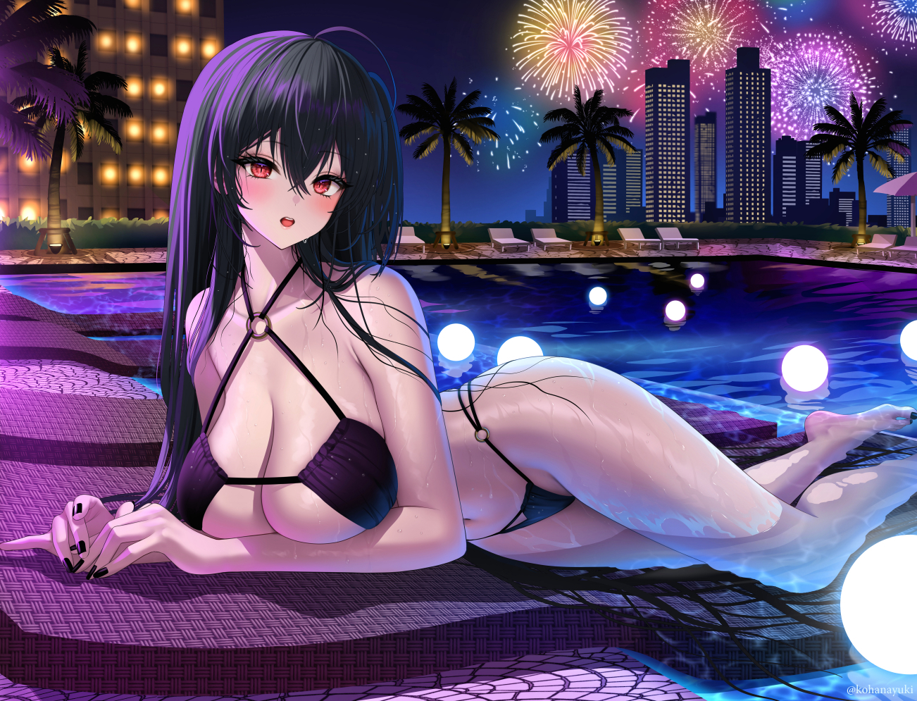 1girls, 2022, ahoge, alternate version at source, azur lane, barefoot, bikini, black hair, breasts, cleavage, feet, female, female only, fireworks, hips, huge breasts, kohanayuki, long hair, night, outdoors, pool, red eyes, slim waist, taihou (azur lane), thick thighs, thighs, wide hips