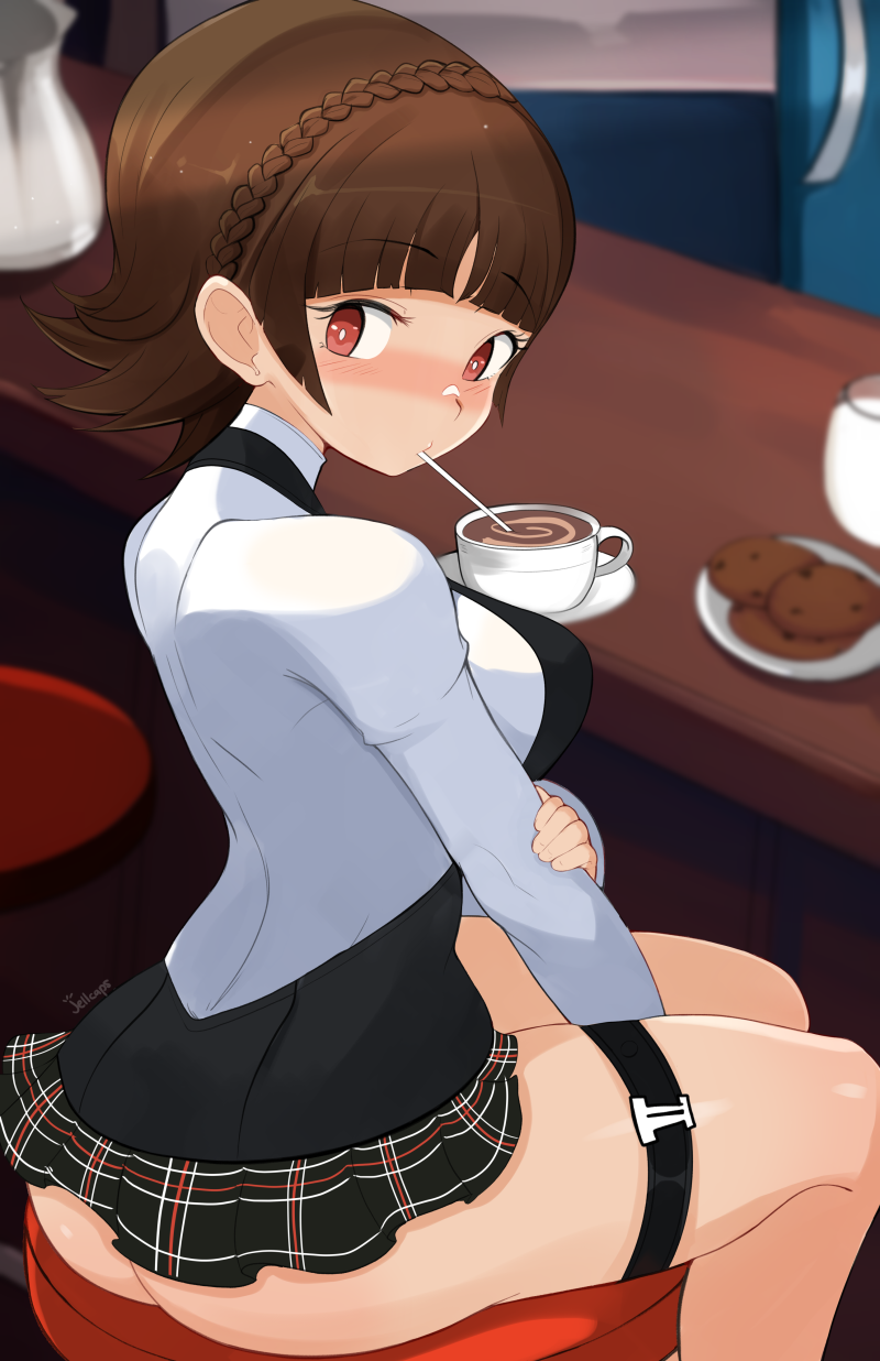 1girls ass bottomless brown_hair clothing female jellcaps makoto_niijima persona persona_5 school_uniform short_hair skirt thigh_strap