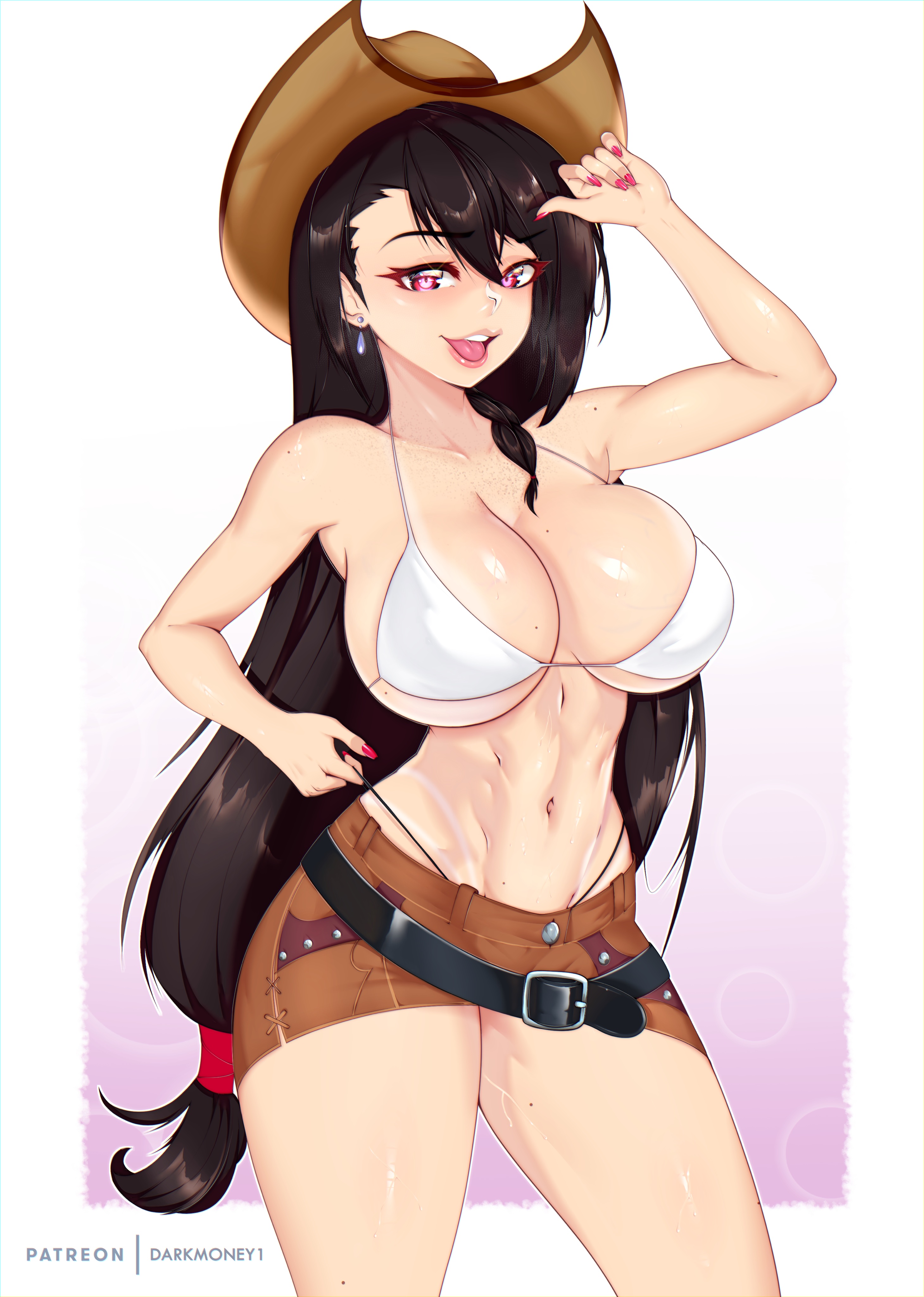 1girls, 2022, bikini, black hair, breasts, cowboy hat, cowgirl, cowgirl hat, cowgirl outfit, darkmoney1, female, female only, final fantasy, final fantasy vii, hat, large breasts, light skin, light-skinned female, lipstick, long hair, makeup, nail polish, pink lipstick, pink makeup, pink nail polish, square enix, tagme, thin lips, tifa lockhart, white bikini