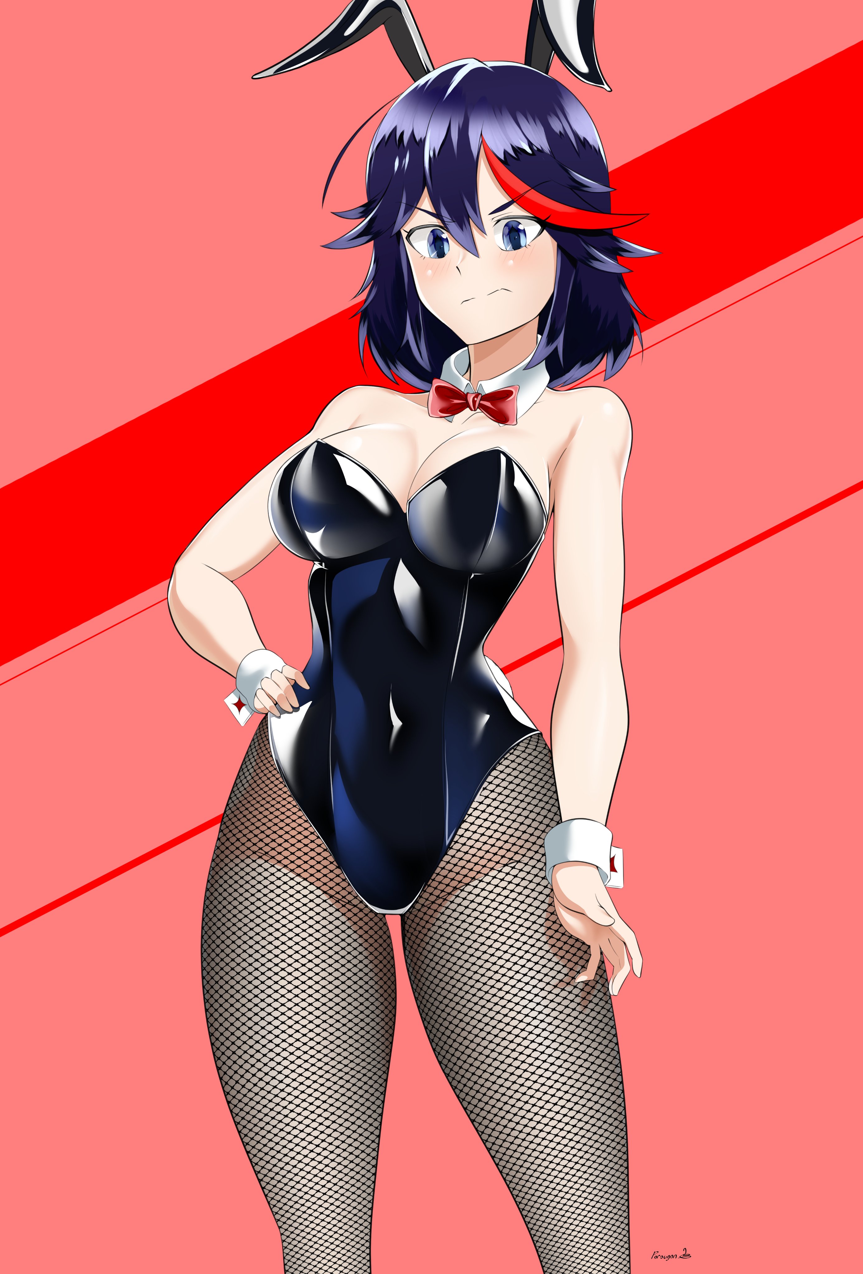 1girls, alternate costume, breasts, bunny ears, bunnysuit, female, female only, fishnets, kill la kill, matoi ryuuko, porougon, purple hair, solo, tagme, thighs