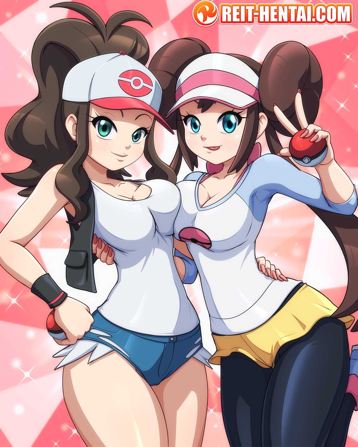 2girls, 4:5, big breasts, breast squish, breasts, brown hair, female, female pokemon protagonist, hat, hilda (pokemon), human, human only, image artifacts, looking at viewer, peace sign, pokeball, pokemon, pokemon bw, pokemon bw2, pokemon protagonist, pokemon trainer, reit, rosa (pokemon), small clothes, tagme, tongue, tongue out, watermark