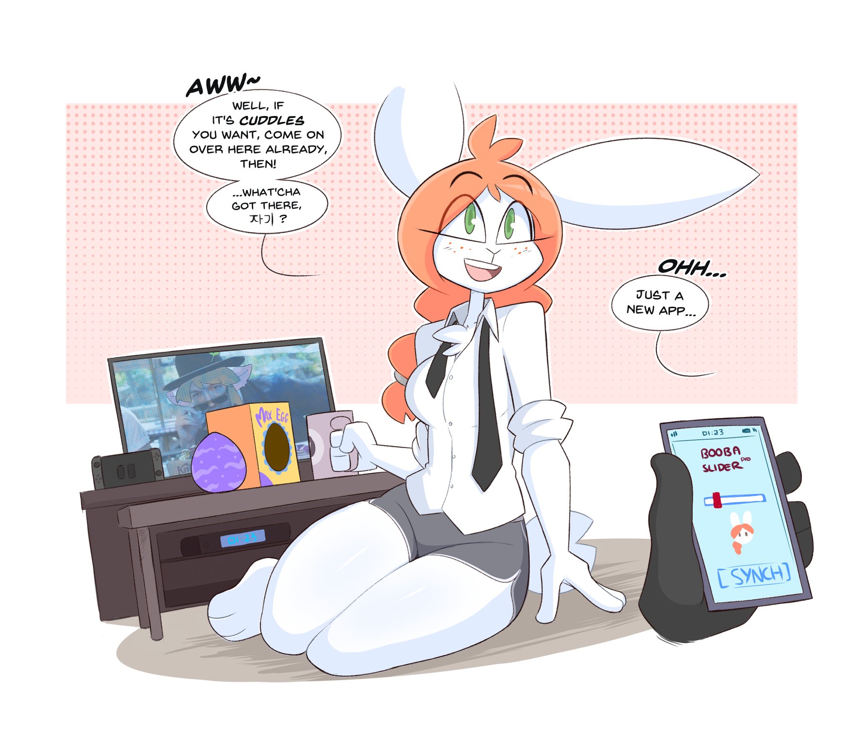 1girls, abbi (kilinah), anthro, anthro bunny, braided hair, breasts, bunny, coffee mug, color, dialogue, disembodied hand, english dialogue, english text, eyebrows visible through hair, female, freckles, ginger hair, green eyes, grey shorts, hi res, indoors, kilinah, looking at another, nintendo switch, original, original character, phone, shirt, short shorts, sitting on floor, speech bubble, tagme, tie, tv, untied tie, white fur, white shirt