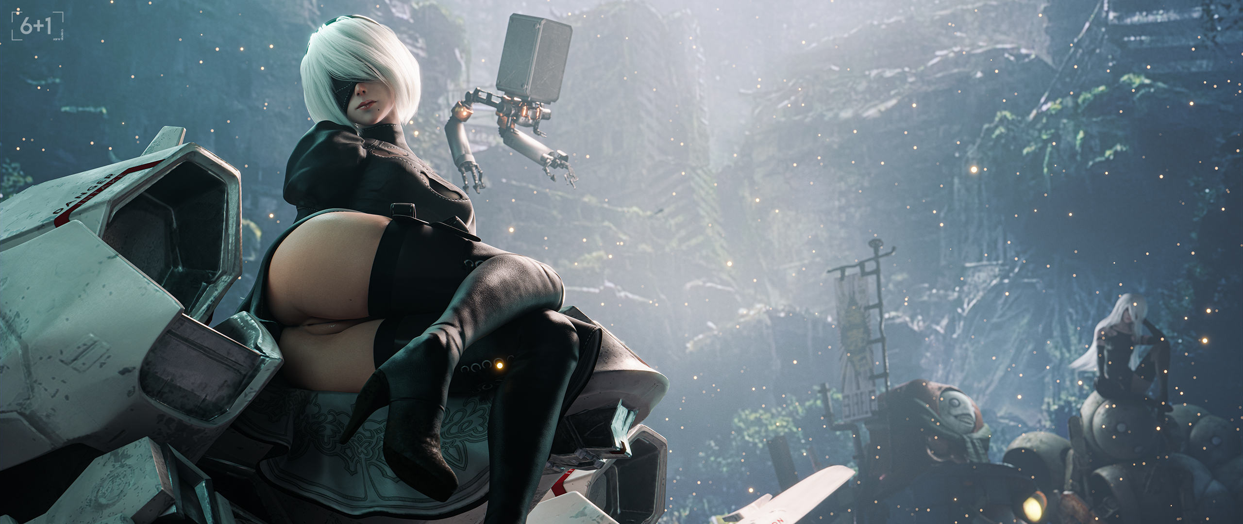 1girls, 3d, female, female only, high heel boots, nier: automata, no panties, outside, pinup, pussy, shaved pussy, upskirt, white hair, yorha 2b