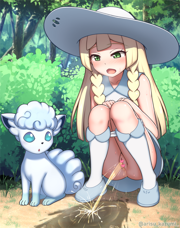 1girls alolan_vulpix arisu_kazumi big_hat blonde_hair braid censored embarrassed female feral game_freak green_eyes hat lillie_(pokemon) nintendo no_panties open_mouth pee_puddle peeing pokemon pokemon_(species) pokemon_sm puddle pussy sitting skirt urine vulpix watersports woods