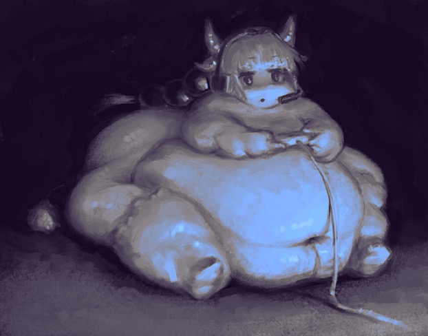 1girls, belly, big belly, controller, decisivetang (artist), deep navel, fat, fat arms, fat legs, female, female only, gaming, headset, horns, hyper, kanna kamui, leggings, miss kobayashi's dragon maid, morbidly obese, morbidly obese female, navel, obese, sitting, solo, solo female, tail