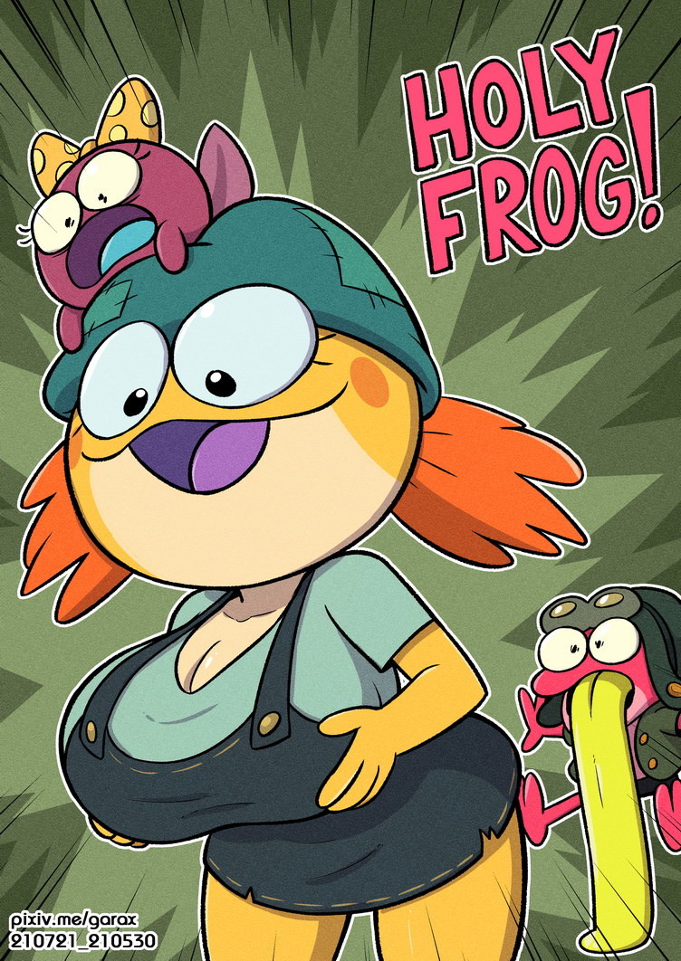 2_toes 4_fingers amphibia amphibia_(series) anthro big_breasts black_eyes blush breasts clothed clothing disney feet female fingers garabatoz green_tongue hat headgear headwear ivy_sundew male open_mouth orange_body polly_plantar sprig_plantar straight_hair surprise toes tongue yellow_body