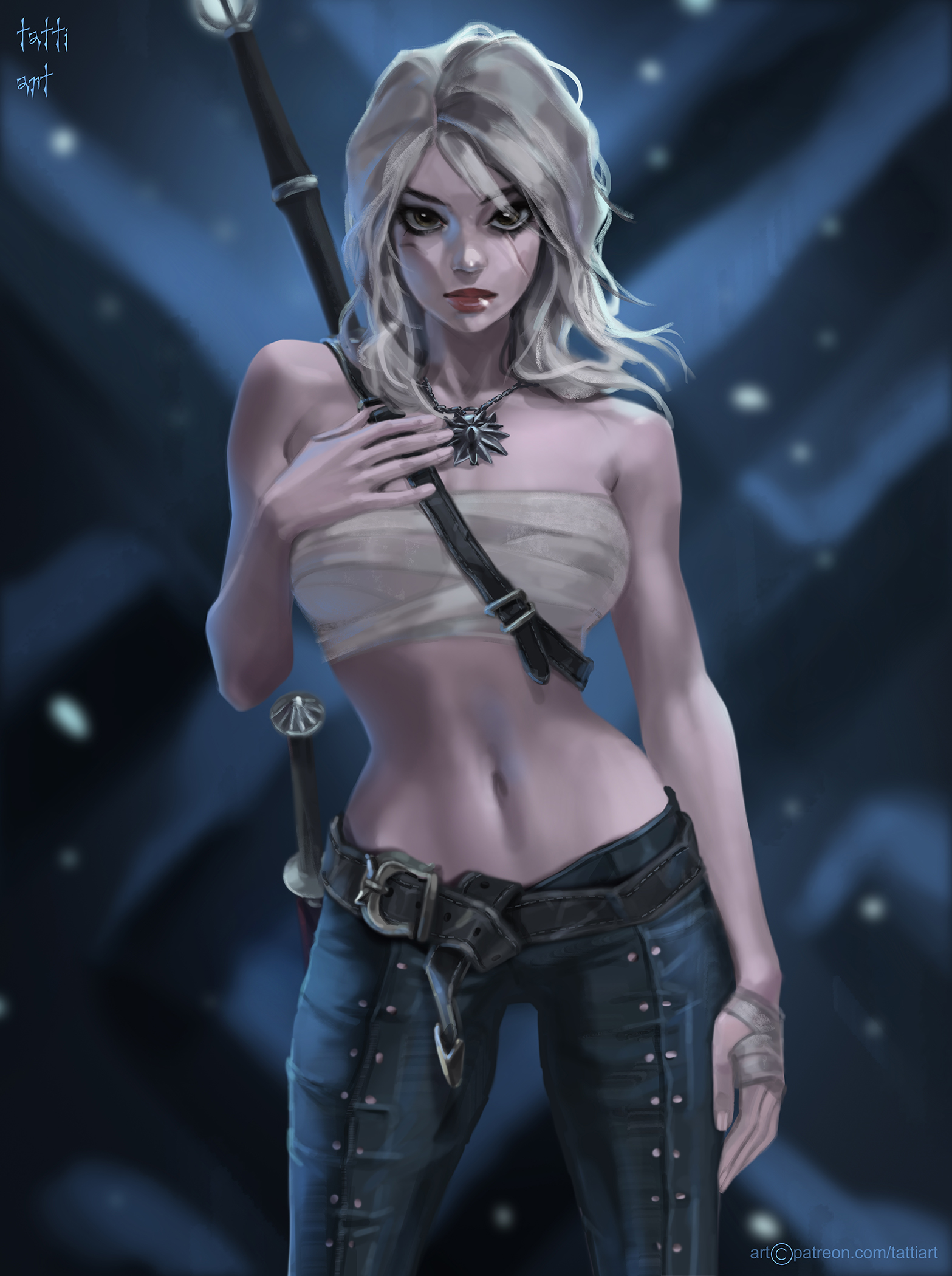 1girls, abs, alternate costume, alternate hairstyle, cd projekt red, ciri, cleavage, eyeshadow, female, female only, freckles, green eyes, long hair, looking at viewer, mascara, petite, runny makeup, scar, skinny, slim, solo, tattiart, teenager, the witcher (series), the witcher 3: wild hunt, white hair, witch
