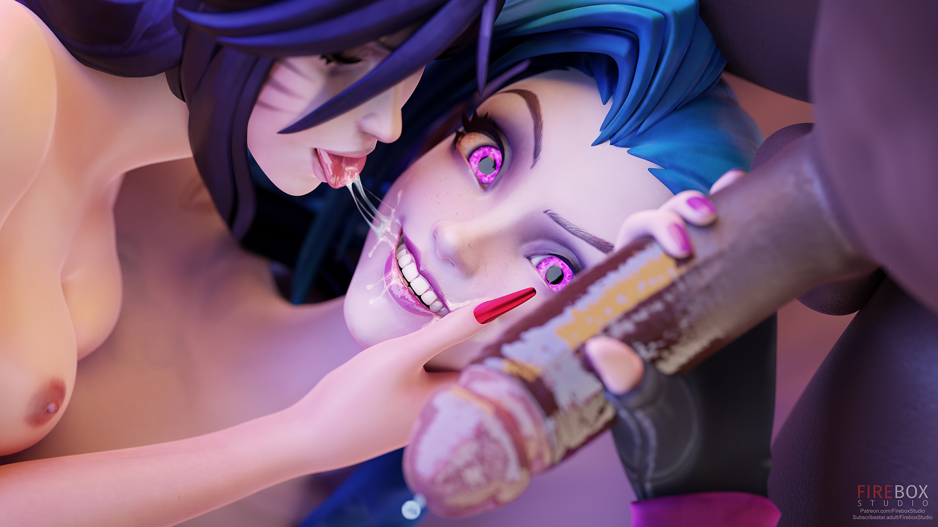 1boy, 2girls, 3d, after oral, ahri, black hair, blue hair, breasts, cum, cum on face, dark skin, dark-skinned male, female, fireboxstudio, jinx (league of legends), league of legends, licking, licking cum, licking face, light skin, light-skinned female, lucian (league of legends), male, nipples, nude, nude female, nude male, penis, pink eyes, smile, tongue, tongue out, unseen male face