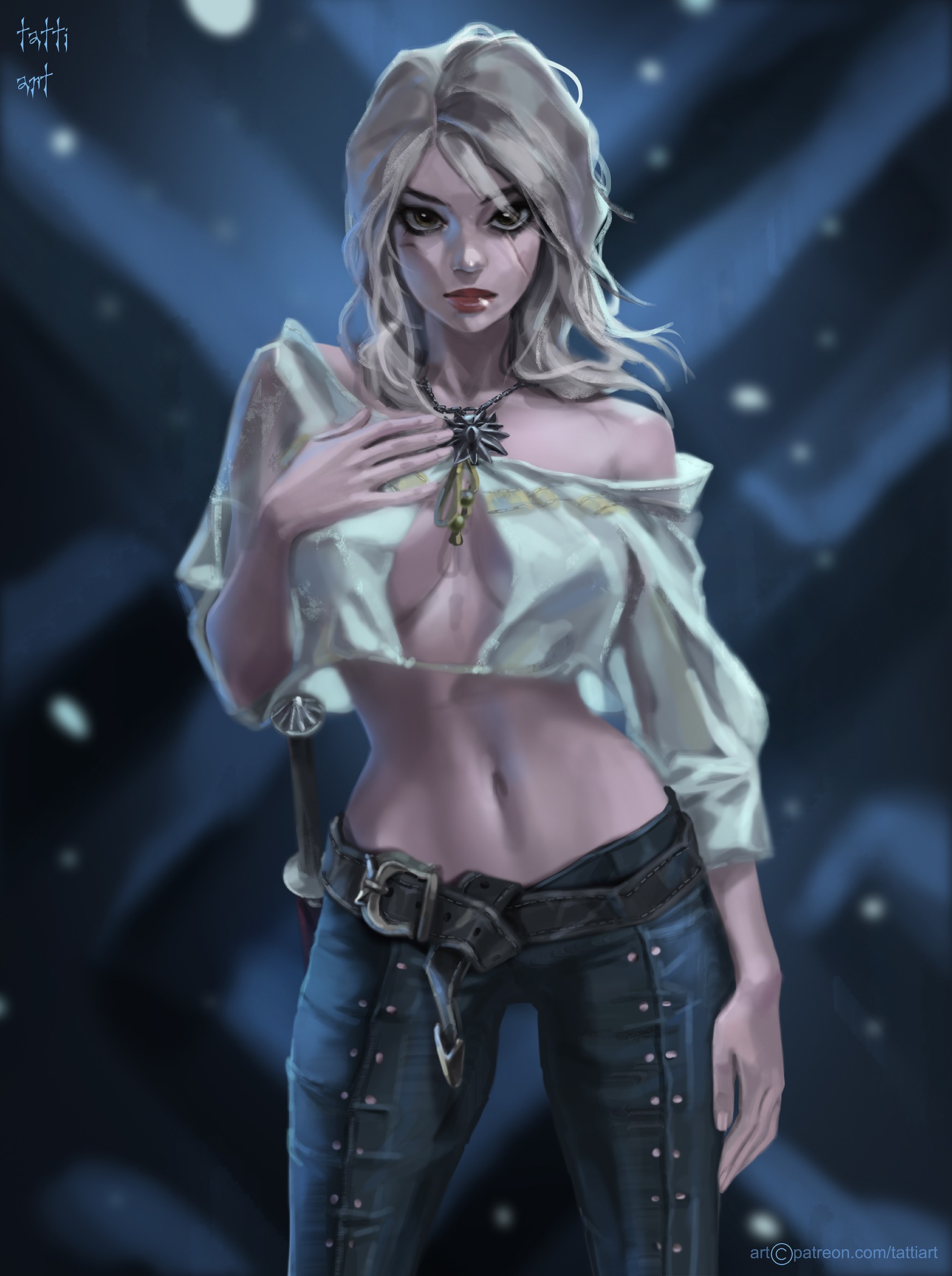 1girls, abs, alternate costume, alternate hairstyle, cd projekt red, ciri, cleavage, eyeshadow, female, female only, freckles, green eyes, long hair, looking at viewer, mascara, petite, runny makeup, scar, skinny, slim, solo, tattiart, teenager, the witcher (series), the witcher 3: wild hunt, white hair, witch