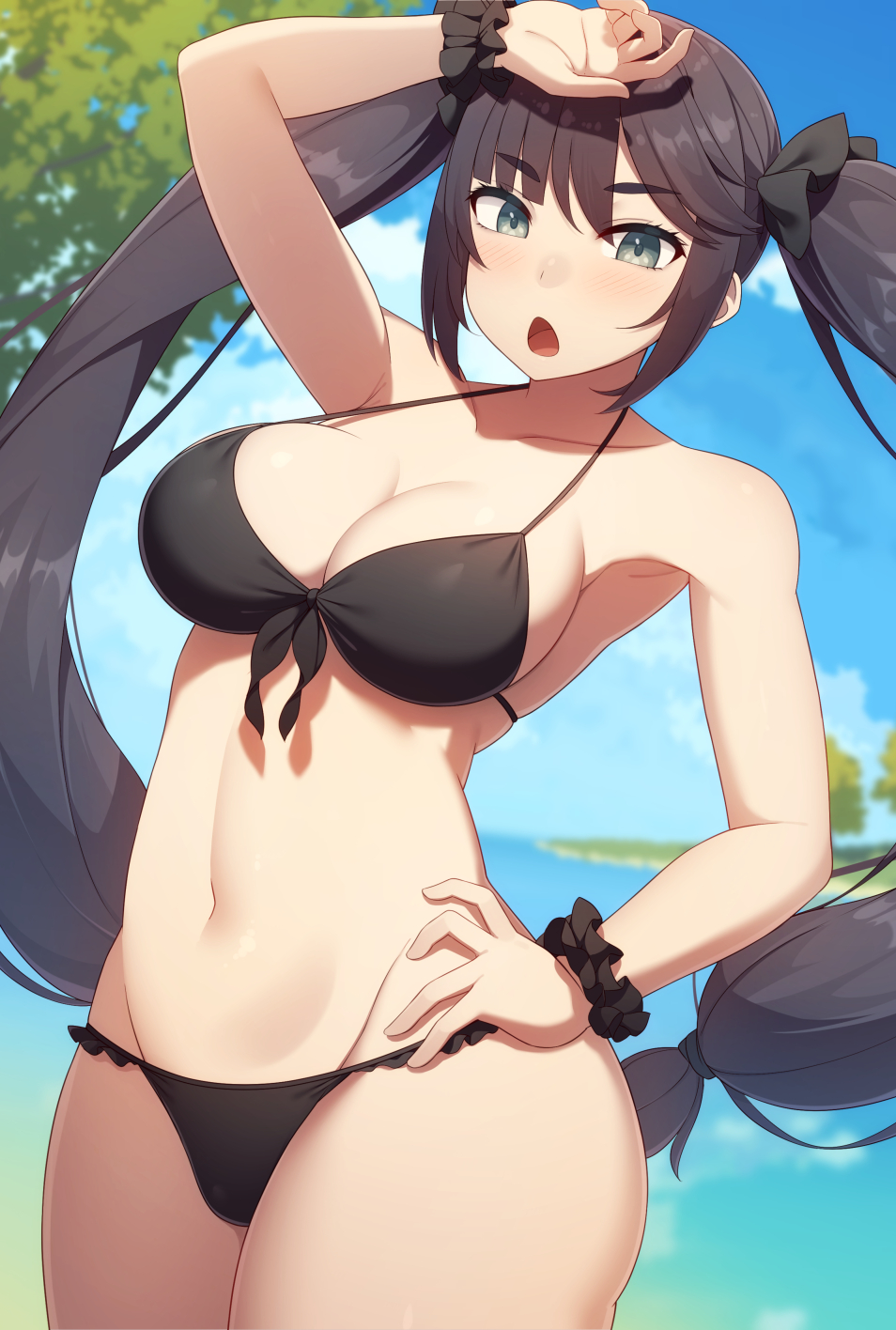 1girls 2022 alternate_breast_size bikini black_bikini black_hair breasts female female_only genshin_impact green_eyes hand_on_hip hips large_breasts long_hair looking_at_viewer mona_(genshin_impact) open_mouth outdoors samegami slim_waist thick_thighs thighs twintails wide_hips