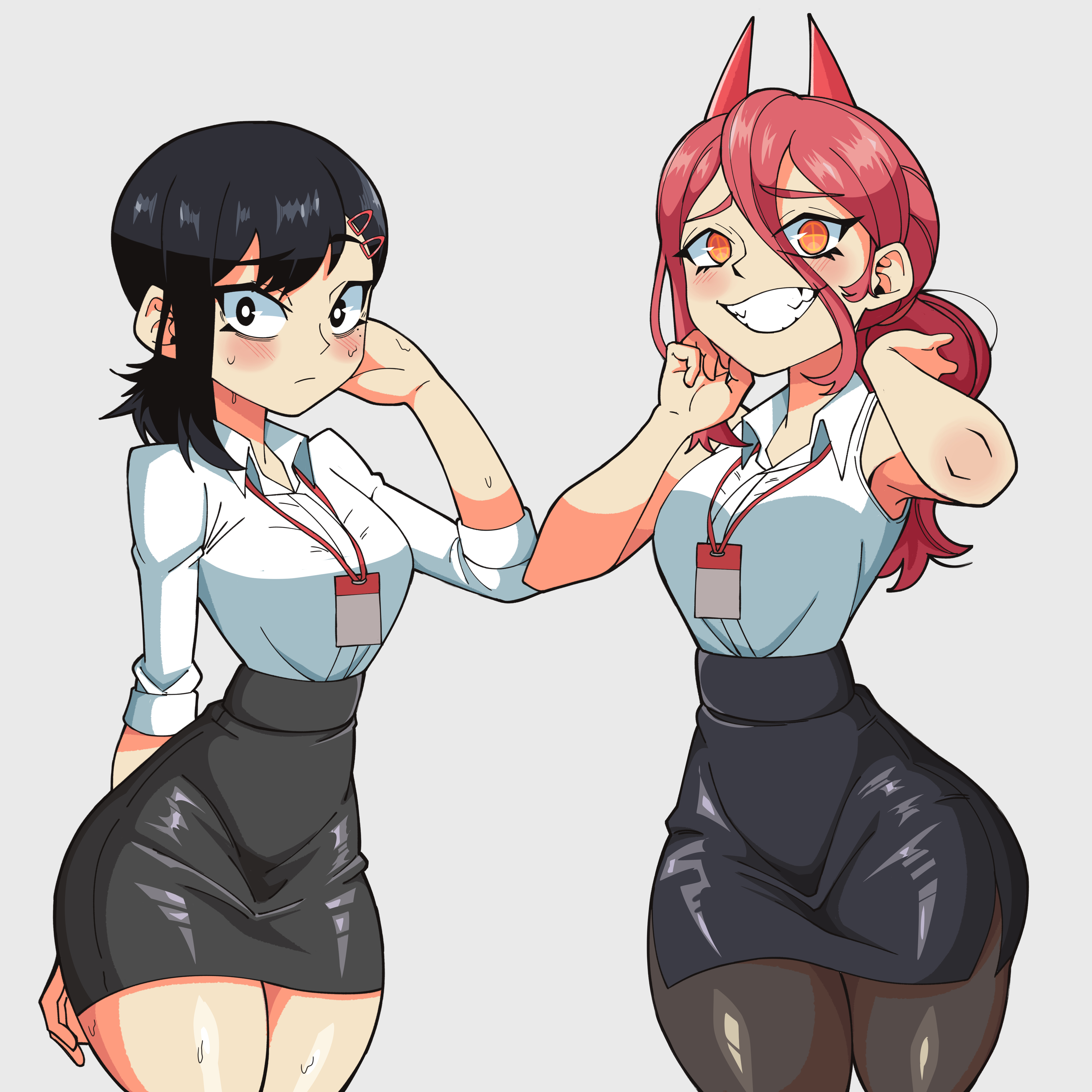 2d, arm up, armpit peek, armpits, black hair, chainsaw man, demon, demon girl, demon horns, female, formal wear, higashiyama kobeni, horn, mg99, miniskirt, office lady, pencil skirt, power (chainsaw man), red hair, skin tight, wide hips