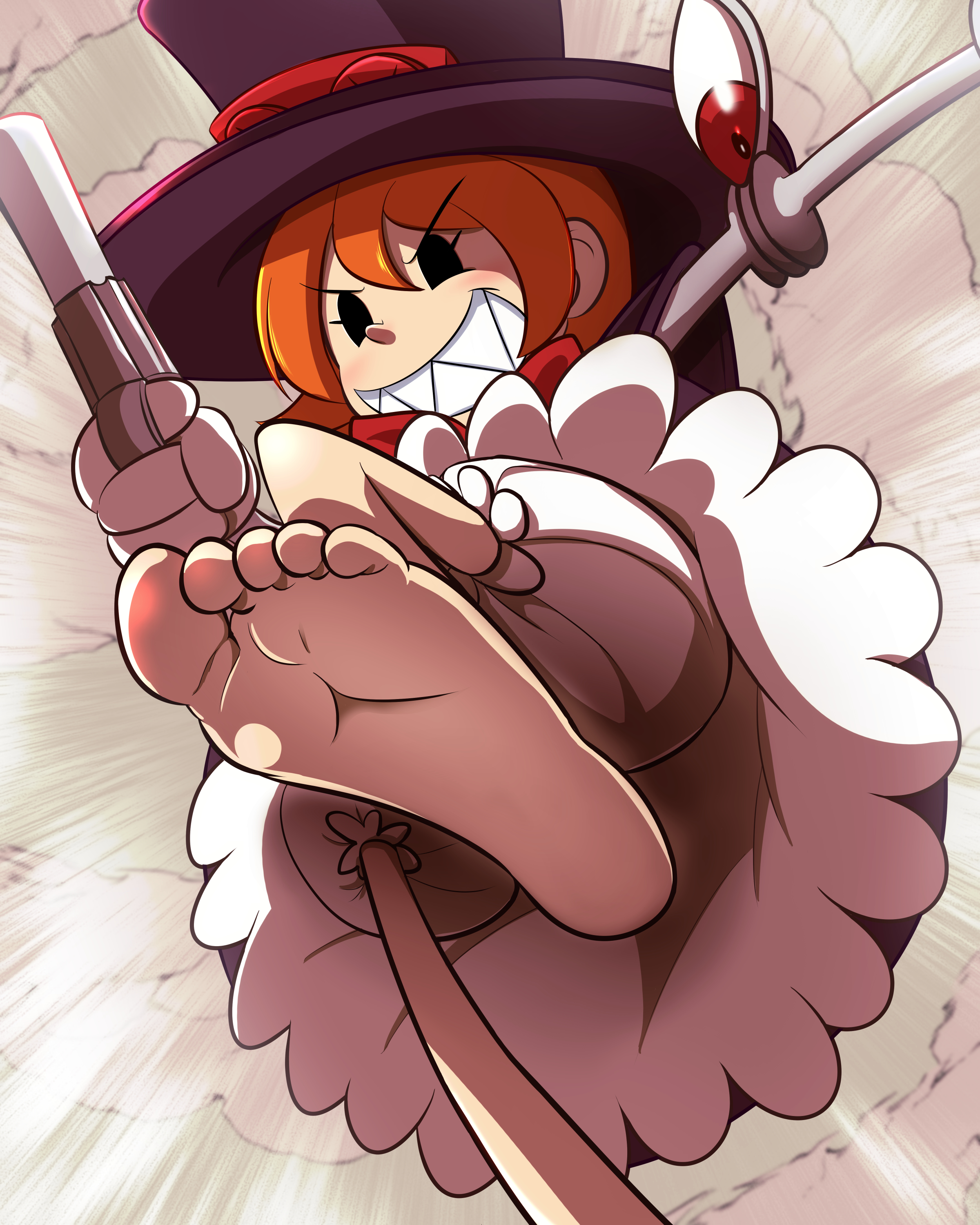 1girls, barefoot, bloomers, bloomers (victorian), dress, feet, female, foot fetish, mob face, peacock (skullgirls), pixiv, sharp teeth, skullgirls, worm's-eye view