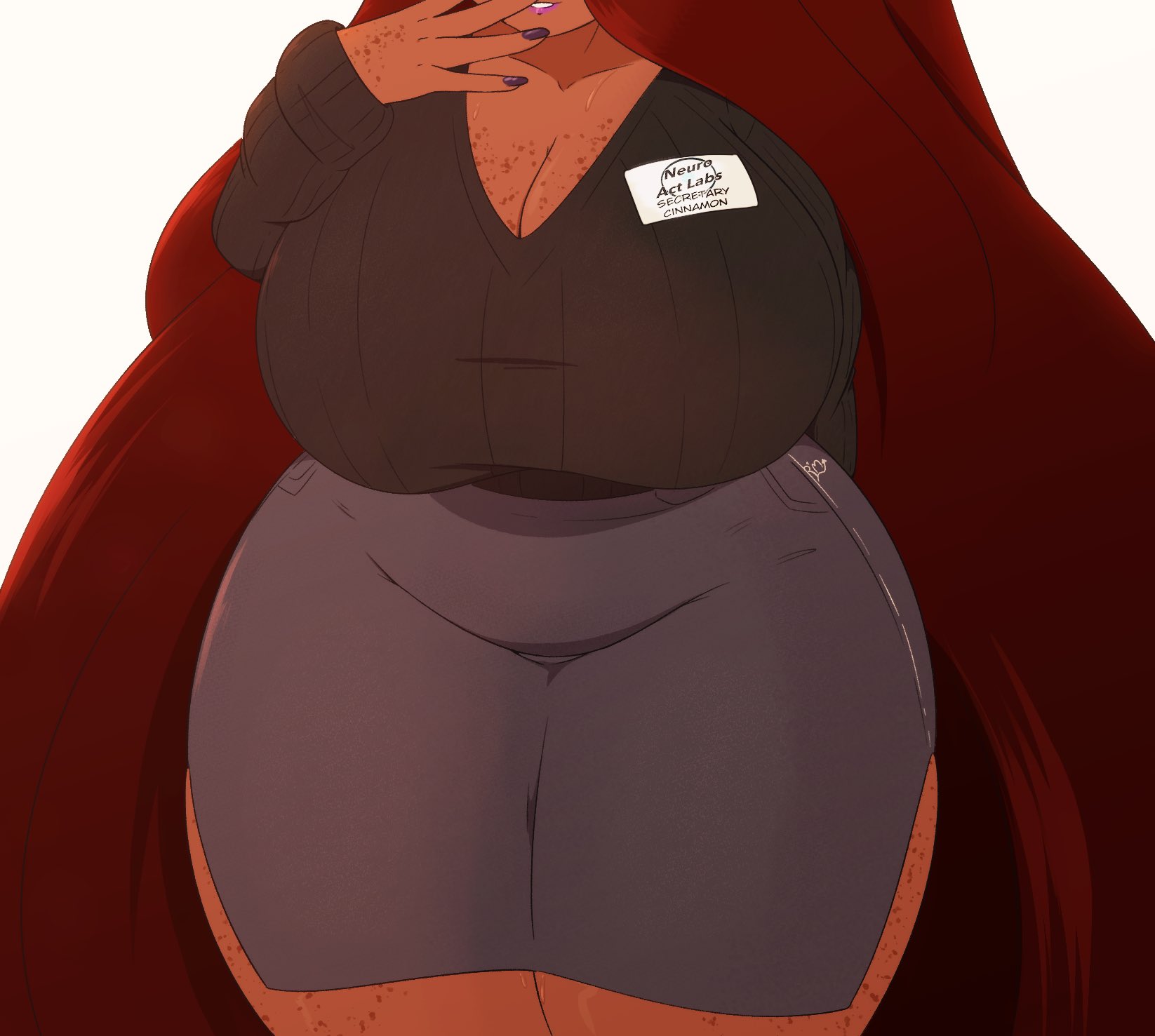 bbw, breasts, brown hair, brown skin, cinnamon (riley moore), cleavage, curvaceous, curvy, curvy figure, female, flirting with viewer, freckles, hidden face, huge breasts, long hair, name tag, office lady, pencil skirt, plump, riley moore (artist), secretary, skirt, smiling, sweat, sweater, tan body, tan skin, thick thighs