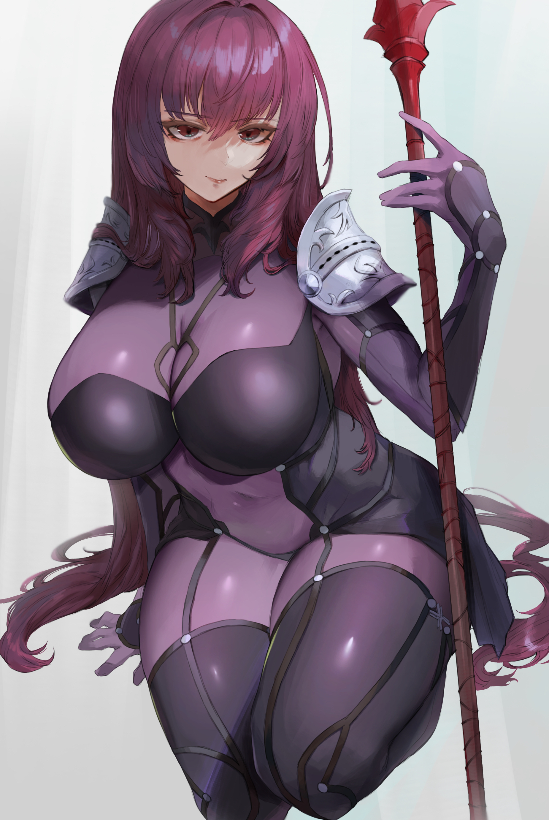 1girls, 2022, bodysuit, breasts, fate (series), fate/grand order, female, female only, hips, holding object, huge breasts, kataku musou, light skin, light-skinned female, long hair, looking at viewer, mature female, pale skin, pale-skinned female, purple bodysuit, purple hair, red eyes, scathach (fate), shoulder armor, slim waist, spear, thick thighs, thighs, tight clothing, tight fit, weapon, wide hips