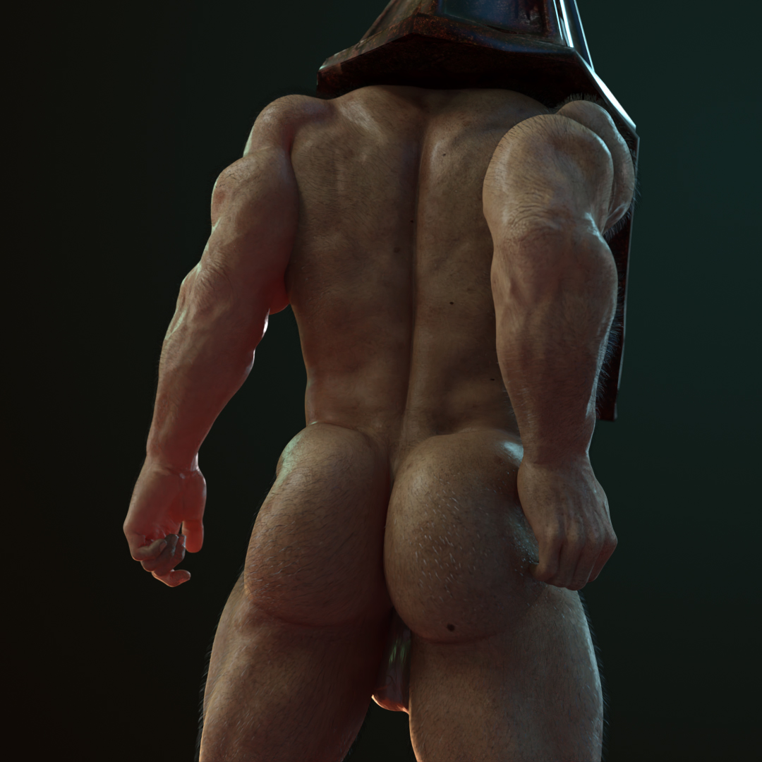 3d, ass, back view, balls, hair, huge ass, huge butt, male, male only, muscular, muscular male, nsfwmaker, nude, pyramid head, silent hill, silent hill 2, solo