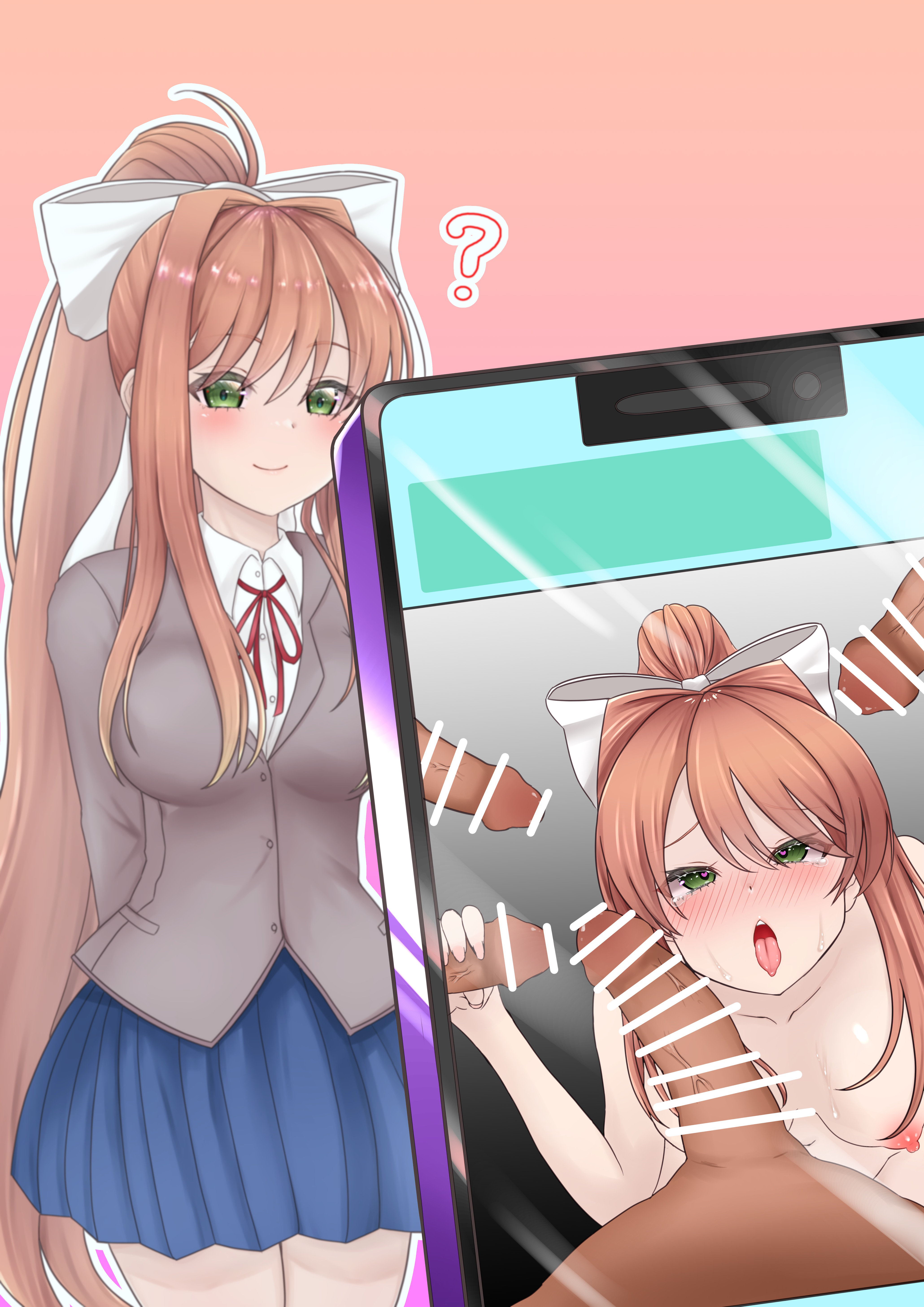 absurdres, arms behind back, bar censor, blush, bow, breasts, brown hair, censored, cheating, doki doki literature club, female, green eyes, hair ornament, hairbow, heart, heart-shaped pupils, highres, juxtaposition, male, medium breasts, monika (doki doki literature club), multiple penises, nude, open mouth, penis, penis grab, phone, phone screen, photo, photo comparison, pink background, ponytail, question mark, school uniform, skirt, smile, symbol-shaped pupils, tongue, tongue out, white bow