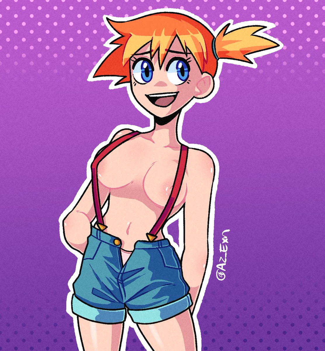 1girls azex blue_eyes breasts female female_only human kasumi_(pokemon) misty_(pokemon) nintendo nipples_visible_through_clothing orange_hair pokemon short_hair short_shorts solo topless topless_female