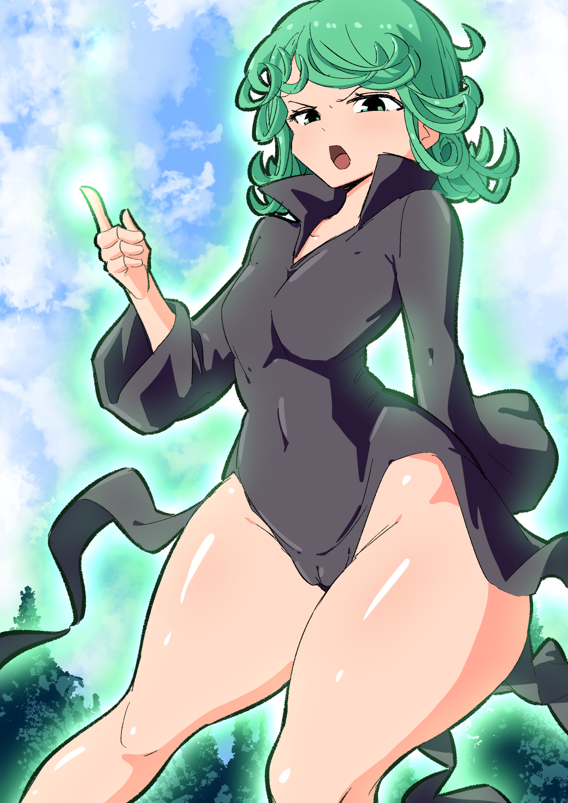 1girls, absurd res, bottom heavy, breasts, cameltoe, child bearing hips, dress, female, female only, green eyes, green hair, hi res, looking at viewer, one-punch man, pussy, small breasts, solo, tatsumaki, thick thighs, thighs, wide hips, woohyoot