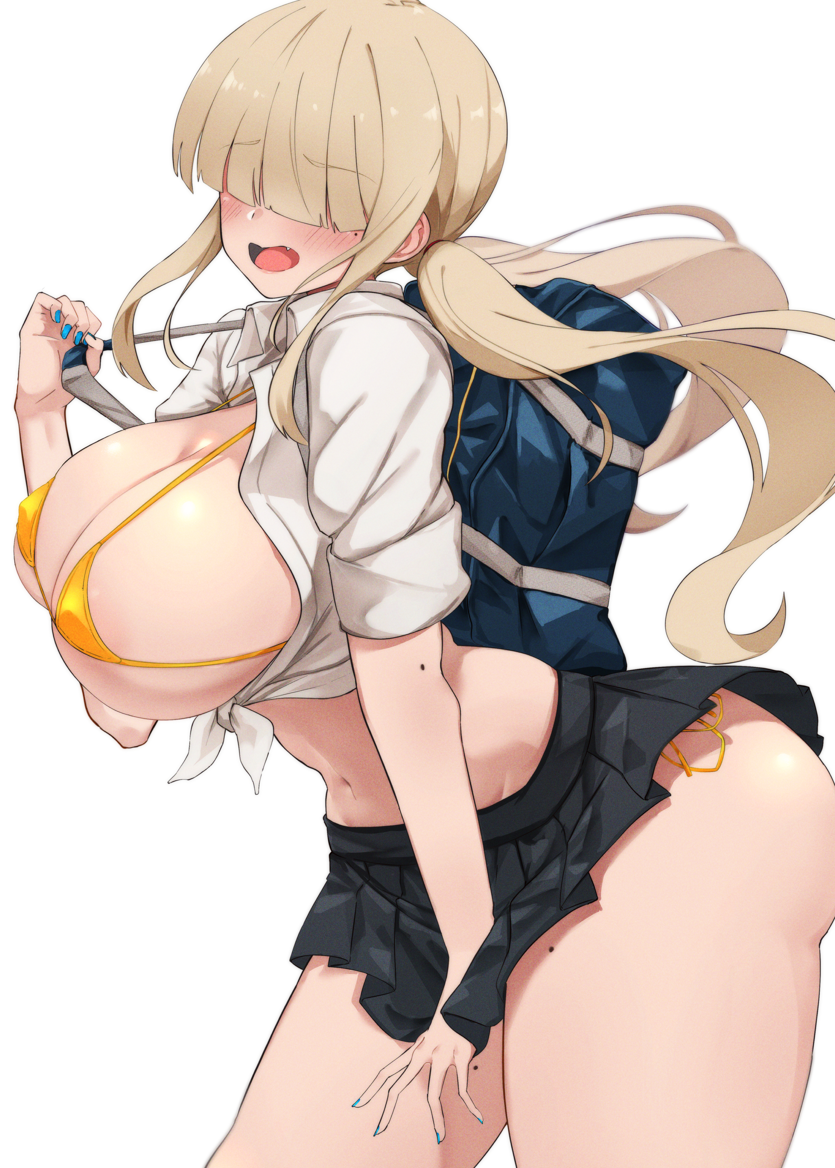 96nokimihito, absurdres, bangs, bikini, blonde hair, blue nails, blush, breasts, cute fang, fang, female, hair over eyes, highres, huge breasts, long bangs, long hair, mekaku kyonyuu gyaru (96nokimihito), micro bikini, nail polish, open mouth, original, painted nails, pleated skirt, school uniform, side-tie bikini, skirt, solo, swimsuit, thick thighs, thighs, twintails, uniform