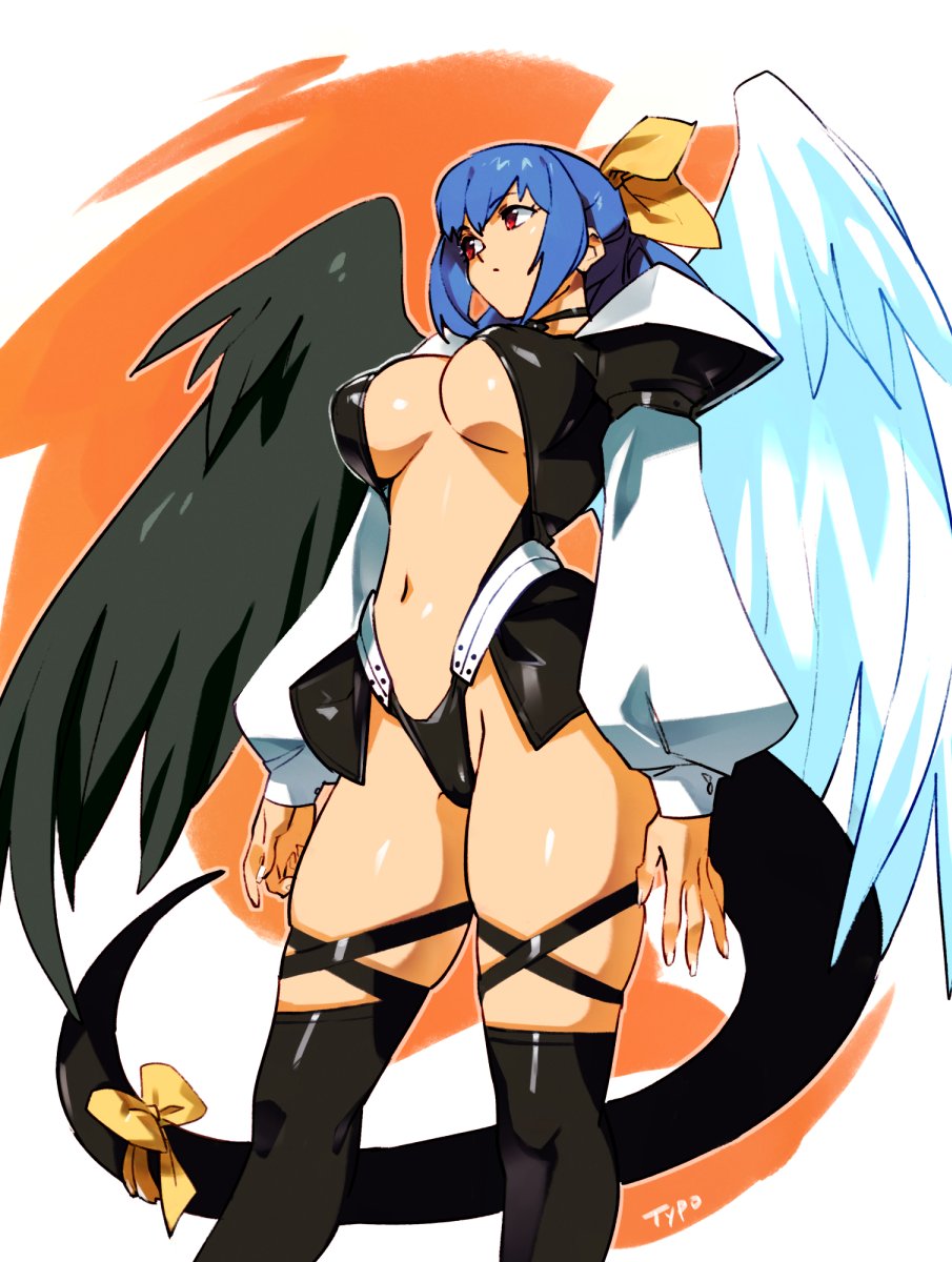 1girls, angel wings, asymmetrical wings, black panties, black tail, black wings, blue hair, breasts, center opening, cleavage, cowboy shot, dizzy (guilty gear), feathered wings, female, fingernails, from below, guilty gear, hair ribbon, hair rings, highres, large breasts, long sleeves, long tail, low twintails, navel, no bra, optionaltypo, over-kneehighs, panties, puffy long sleeves, puffy sleeves, revealing clothes, ribbon, skindentation, solo, standing, tail, tail ornament, tail ribbon, thick thighs, thigh strap, thighhighs, thighs, twintails, underboob, white wings, wings, yellow ribbon