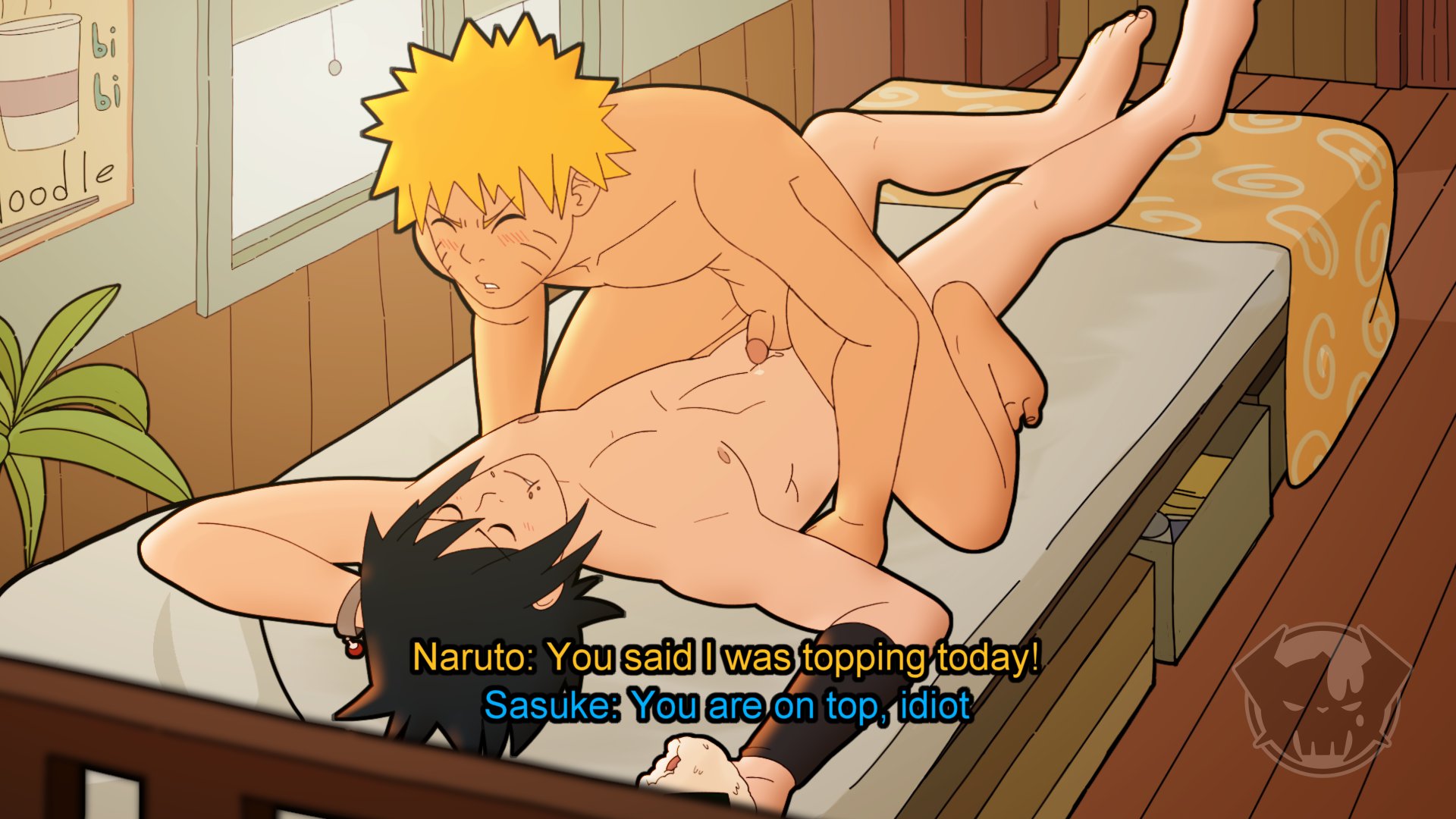2boys, anal, anal sex, arched back, armwear, barefoot, bed, bedroom, bent over, black hair, blonde hair, blush, bracelet, closed eyes, cowgirl position, cum, cum on body, cum on lower body, cumdrip, dialogue, dripping cum, duo, duo focus, eating, english text, erection, facial markings, feet, female, food, gay, indoors, kneeling, light skin, light-skinned male, luckylui, male, male penetrating, male/male, naked, naruto, naruto (series), naruto shippuden, nipples, nude, nude male, on back, on bed, on knees, pale skin, pale-skinned male, penetration, penis, sasuke uchiha, shounen jump, sitting, sitting on lap, sitting on penis, sitting on person, small penis, spikes, straddling, text, twink, uchiha symbol, uzumaki naruto, whisker markings, whiskers, yaoi, yellow hair