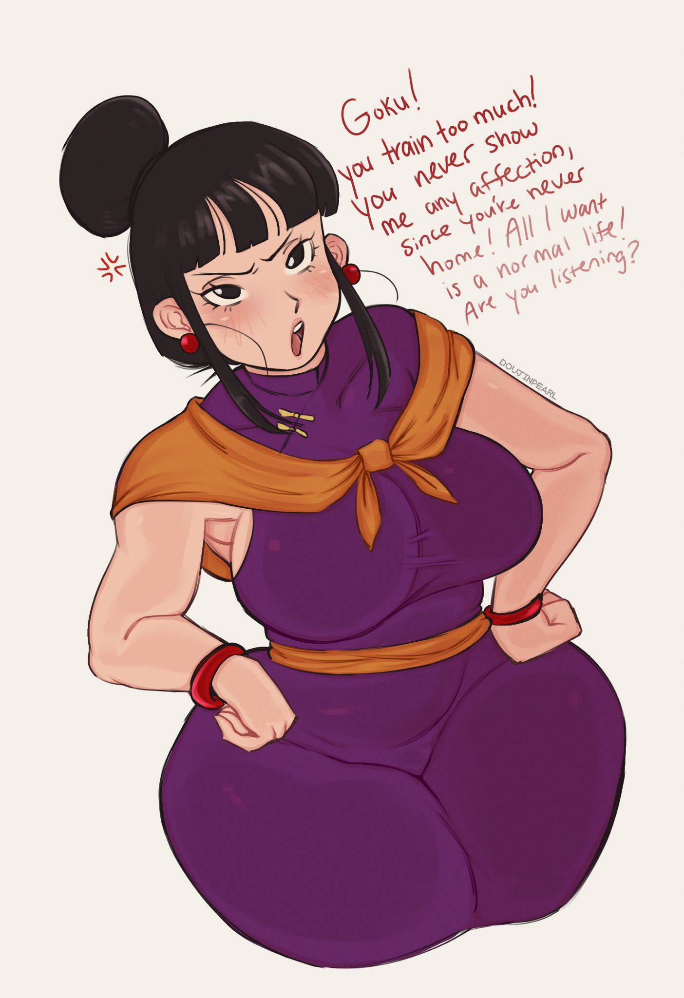 1girls, angry, big breasts, black eyes, black hair, blush, breasts, chichi, dialogue, doujinpearl, dragon ball, dragon ball z, english text, female, female focus, female only, fully clothed, mature female, milf, solo, standing, text, tied hair, voluptuous, wide hips