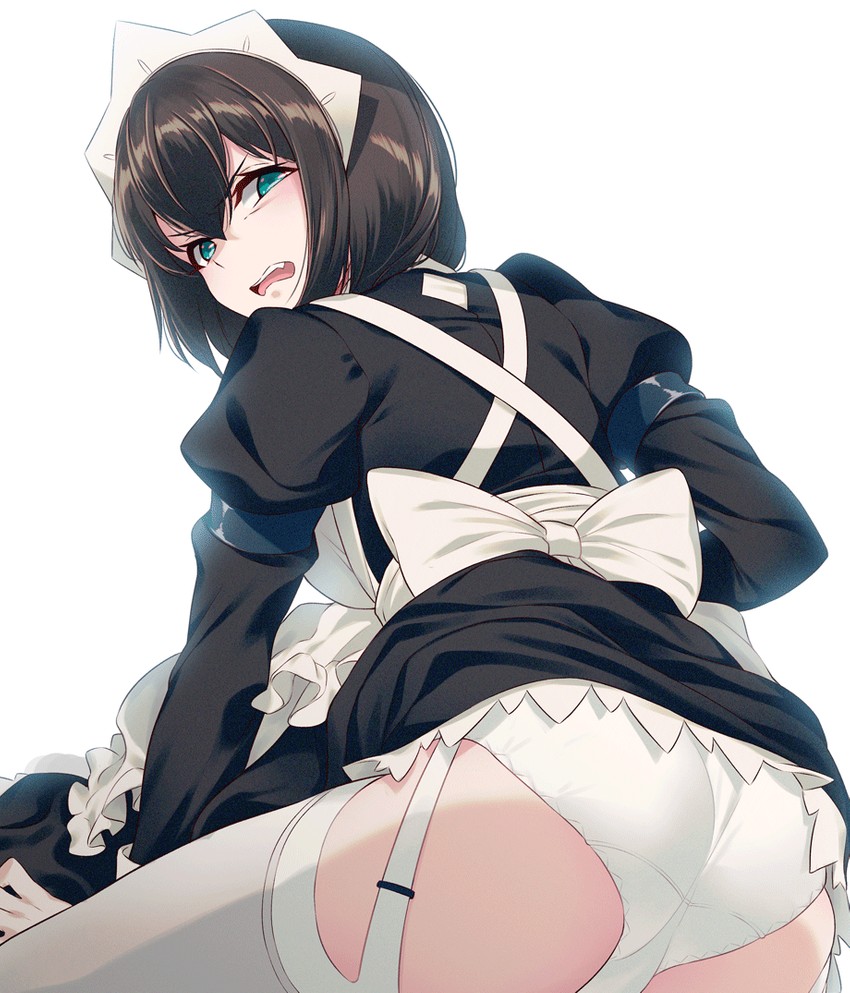 1girls 40hara ass bangs black_hair breasts clothes_lift disgust dress female frills from_behind garter_straps glaring green_eyes itou_chitose iya_na_kao_sare_nagara_opantsu_misete_moraitai juliet_sleeves long_sleeves looking_at_viewer looking_back maid maid_headdress open_mouth panties puffy_sleeves shaded_face short_hair simple_background skirt skirt_lift solo thighhighs underwear white_legwear white_panties