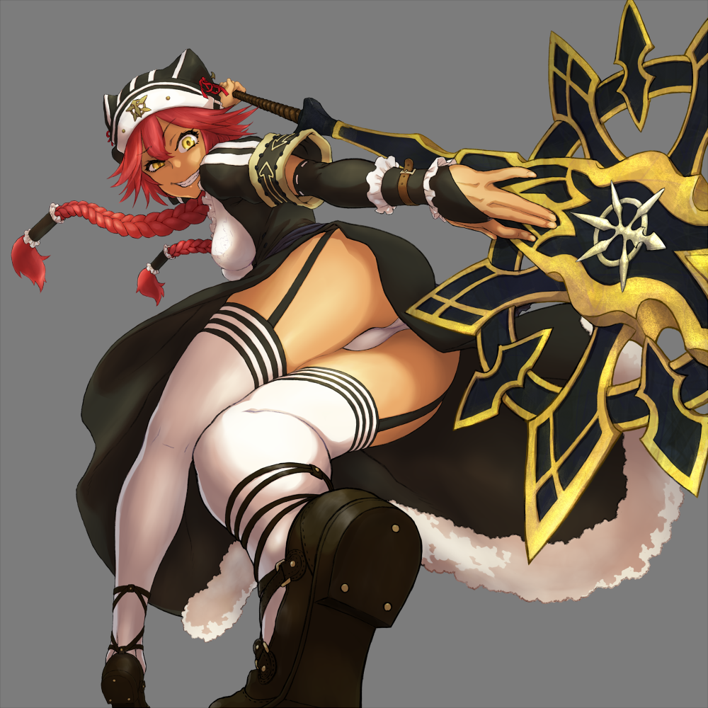 ass, braid, breasts, dark skin, dark-skinned female, female, foreshortening, garter straps, grin, hat, holding weapon, looking at viewer, lupusregina beta, maid, medium breasts, nkds-san, overlord (maruyama), panties, red hair, short sleeves, smile, solo, thighhighs, twin braids, underwear, weapon, white legwear, white panties, yellow eyes