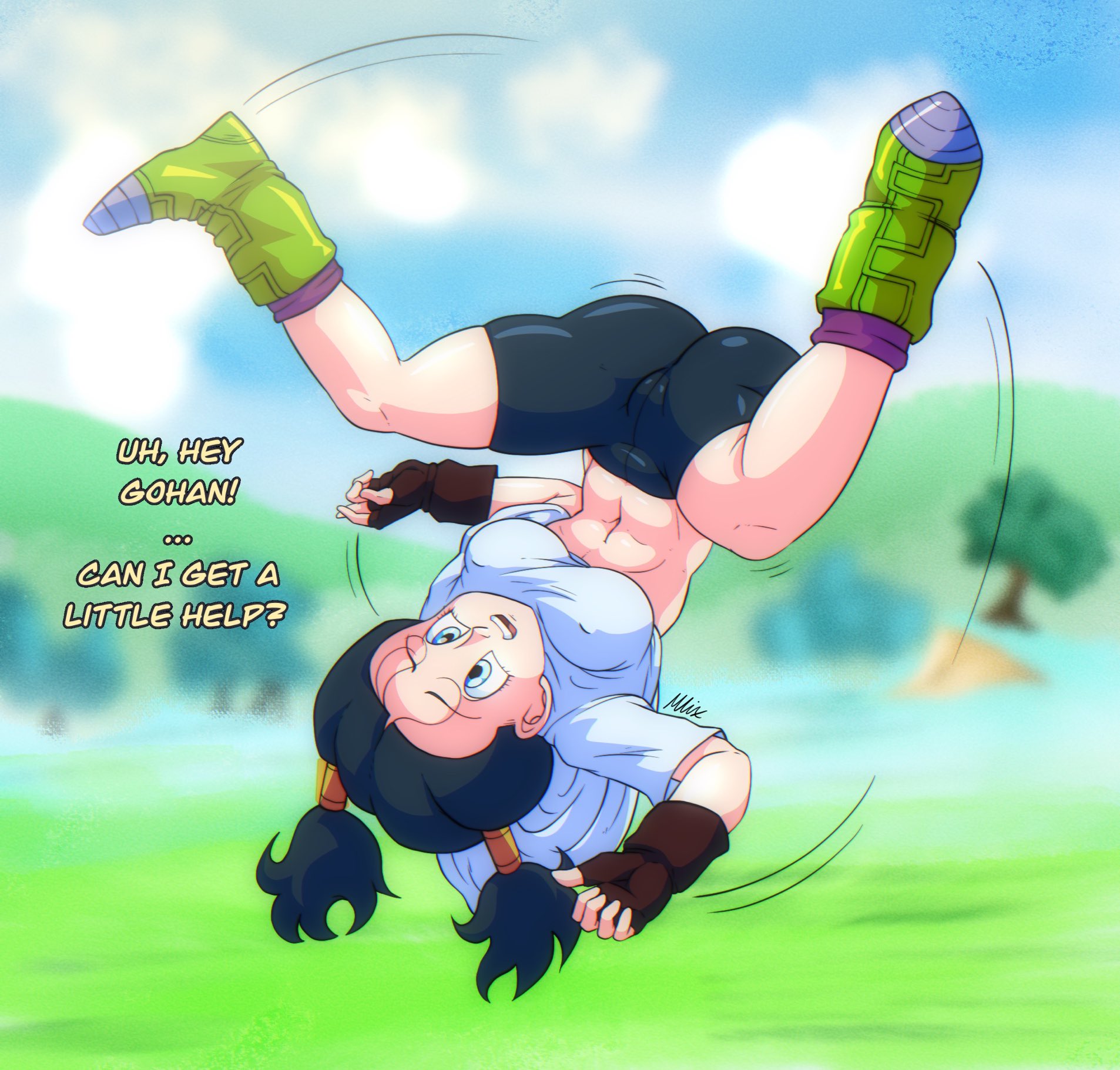 1girls, abs, breasts, cameltoe, dialogue, dragon ball, dragon ball z, female, female only, human, human only, mrmlix, pussy, shounen jump, solo, solo female, son gohan, teenage female, teenager, thick thighs, twintails, videl