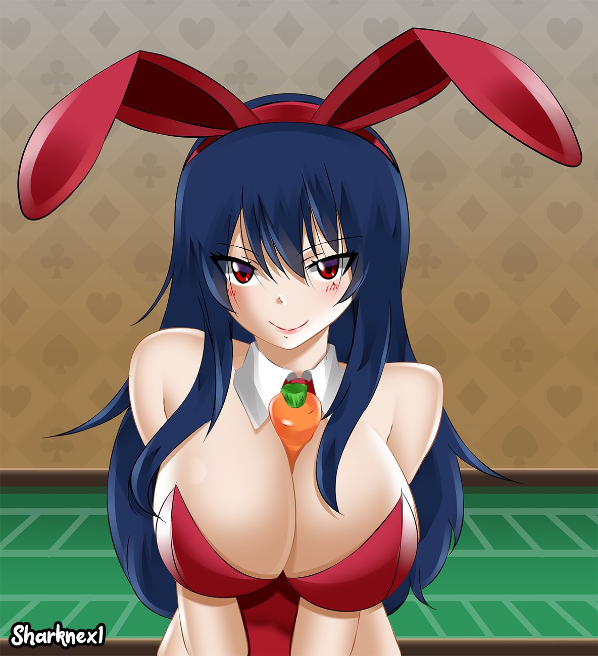 1girls big_breasts blue_hair bunny_ears bunny_girl bunnysuit carrot casino casino_card_table edens_zero homura_kogetsu long_hair looking_at_viewer mole_under_eye pressing_breasts_together red_hair sharknex smiling smiling_at_viewer sole_female solo tagme upper_body