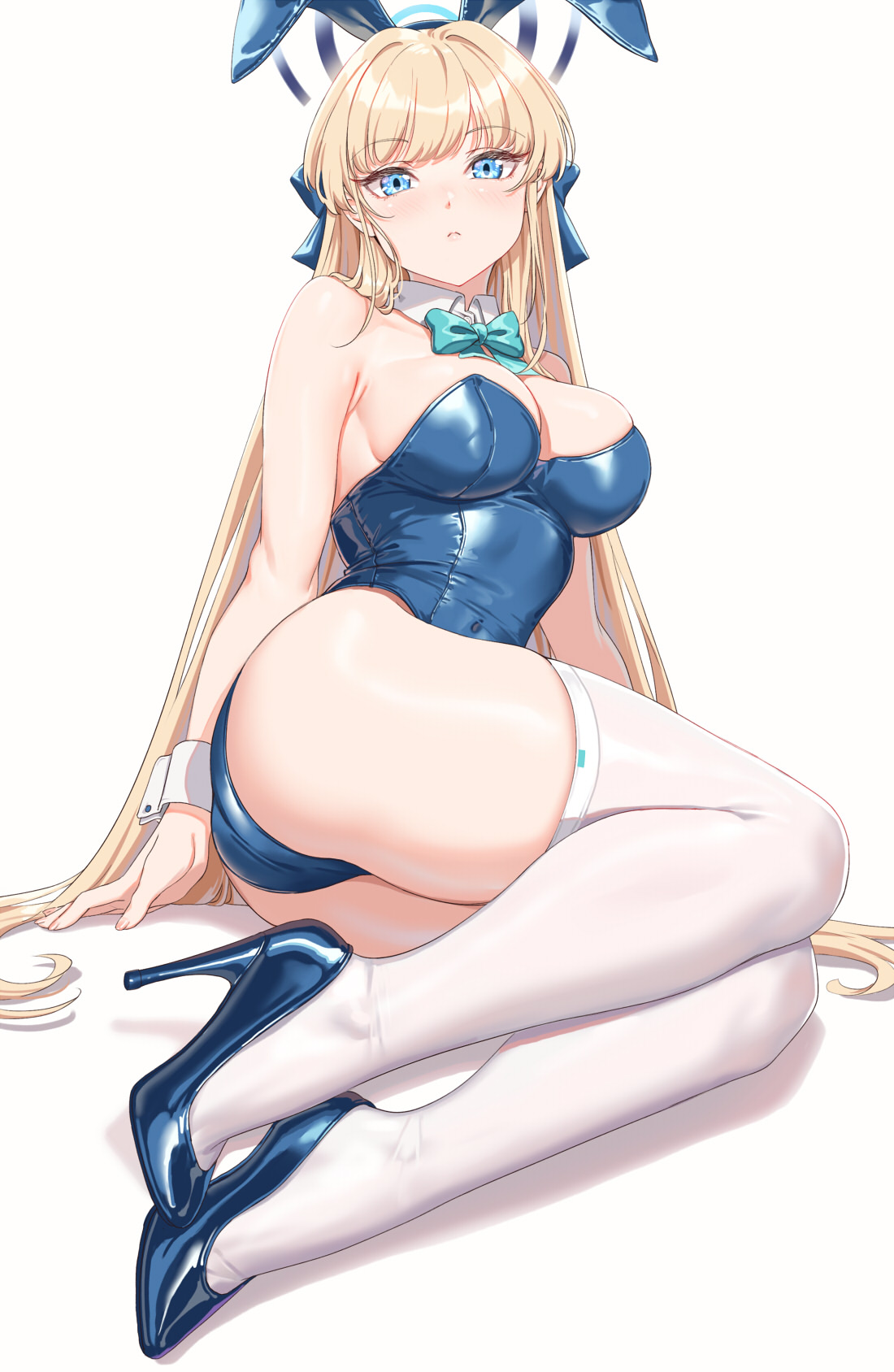 1girls, alternate breast size, arm support, artist request, ass, blonde female, blonde hair, blue archive, blue eyes, blue leotard, breasts, bunny costume, bunny ears, bunny girl, cleaning & clearing (blue archive), female, huge ass, large breasts, leotard, long hair, millennium science school student, sitting, solo, solo female, solo focus, tagme, tagme (artist), toki (blue archive), toki (bunny) (blue archive), white thigh highs, white thighhighs, yokozuwari