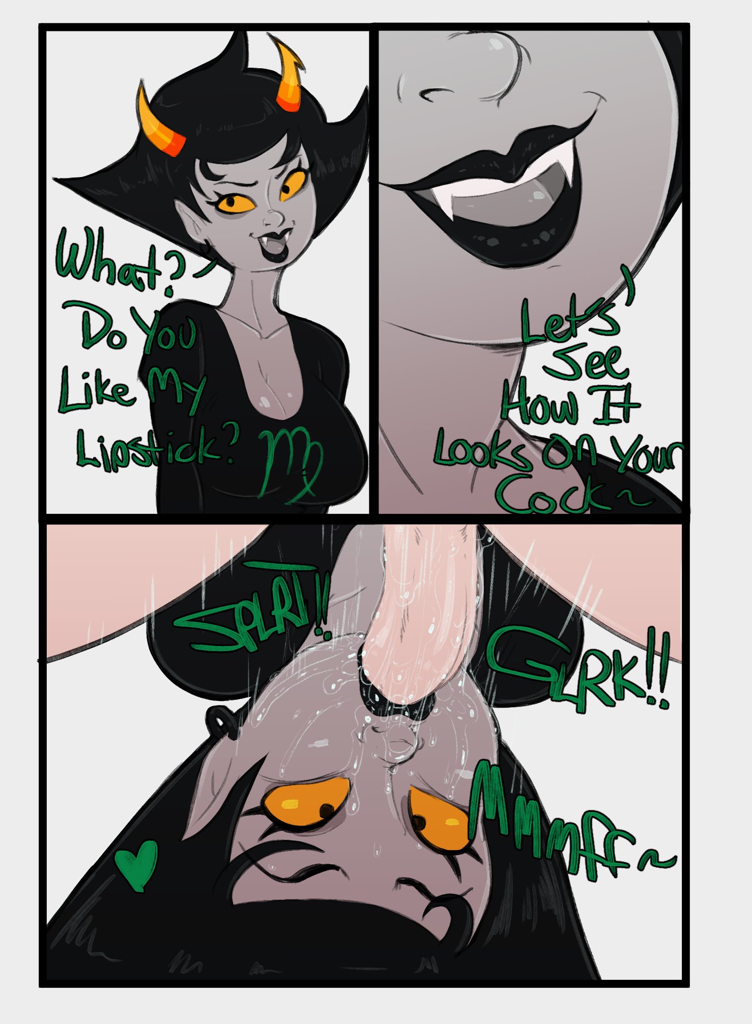 1boy, 1girls, 2022, black hair, black lipstick, blowjob, breasts, clothing, deepthroat, dialogue, fangs, fellatio, female, gagging, gagging noise, grey skin, guillion (toshkarts), heart, homestuck, horns, human, humanoid, interspecies, kanaya maryam, lipstick, male, male human/female humanoid, ms paint adventures, naked, open mouth, oral, penis, saliva, short hair, straight, sweat, text, throat fuck, troll, troll female, white background, white skin, yellow eyes