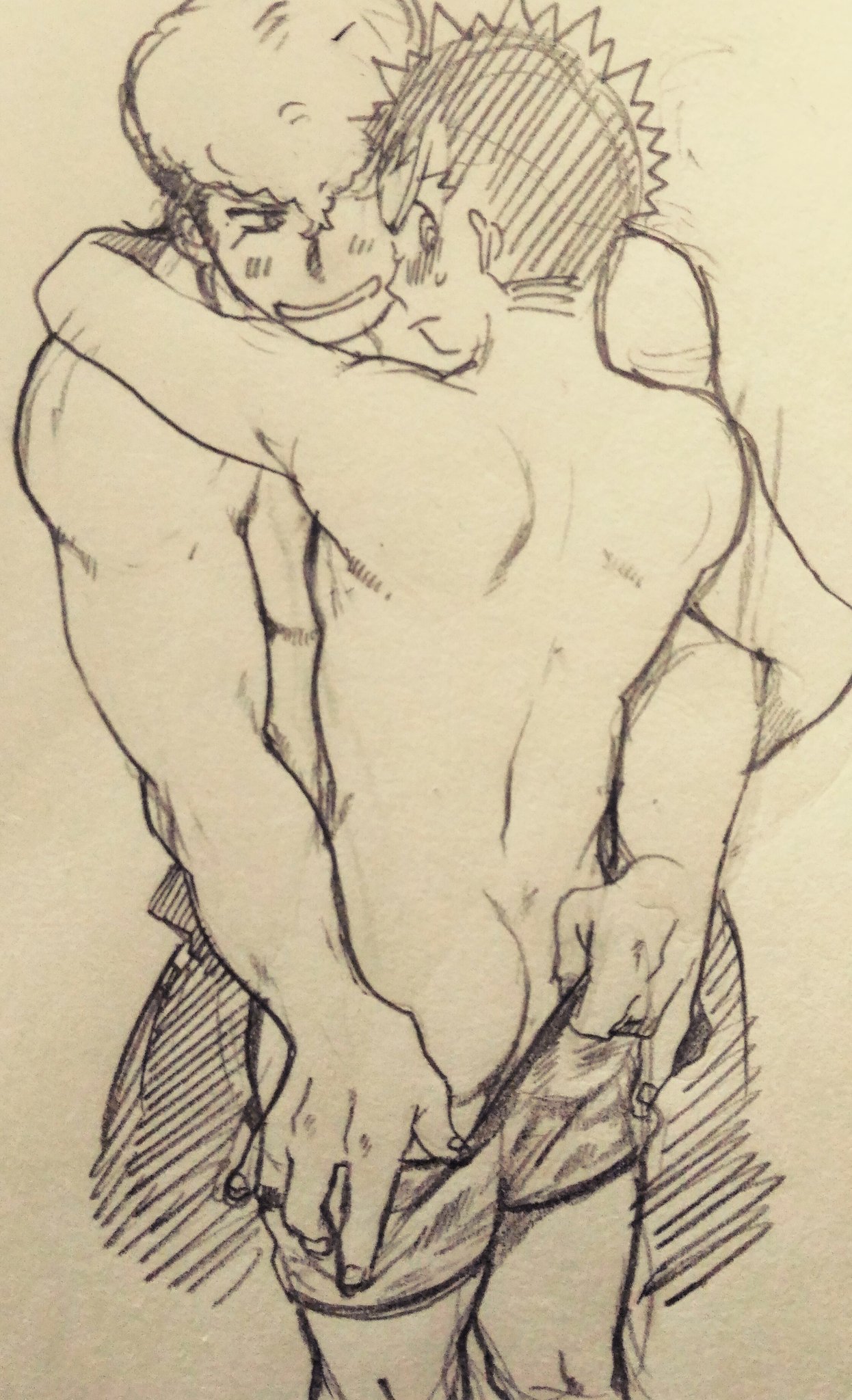 ass, ass grab, big ass, big butt, blush, bubble ass, bubble butt, danganronpa, danganronpa: trigger happy havoc, drfav, kiyotaka ishimaru, looking back, male, male only, mondo oowada, pulling down pants, shorts, smiling, smooth skin, yaoi
