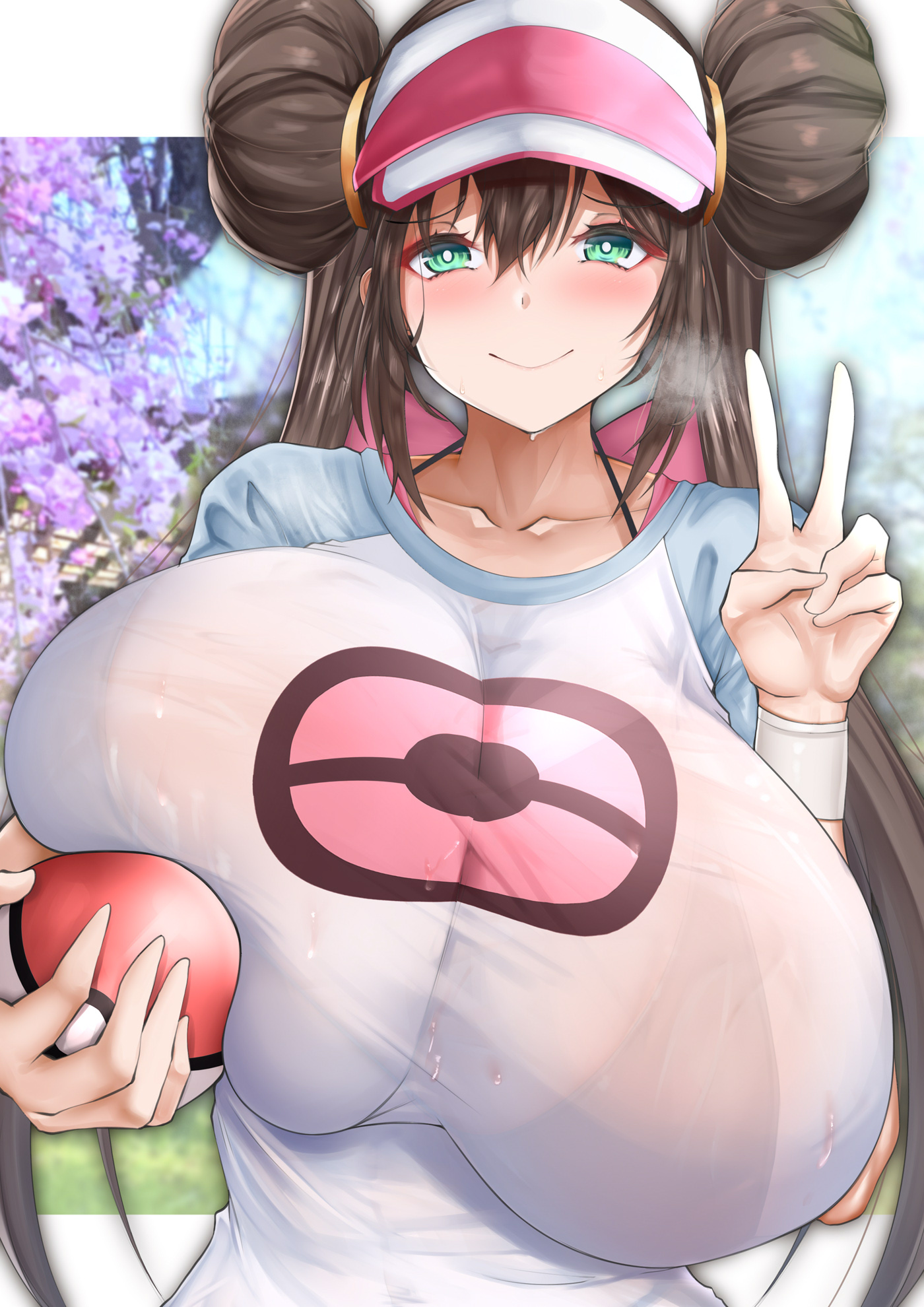1girls, 2022, alternate breast size, alternate eye color, breasts, brown hair, chomikuplus, clothed, clothed female, collarbone, female, green eyes, hat, holding object, huge breasts, massive breasts, nintendo, peace sign, pokeball, pokemon, pokemon bw2, rosa (pokemon), short hair, smile, twin buns, twintails, visor, visor cap