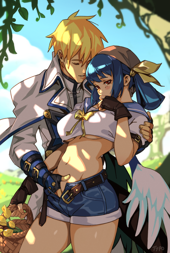 1boy 1girls alternate_costume arc_system_works asymmetrical_wings bangs basket belt blonde_hair blue_hair blush breasts closed_eyes clothing couple covering_mouth crop_top denim denim_shorts dizzy_(guilty_gear) eyes_closed female fingering fingerless_gloves flower gloves groin guilty_gear hand_under_clothes hand_under_shorts hetero ky_kiske male midriff navel open_fly optionaltypo outdoors red_eyes sailor_collar shade short_shorts shorts stomach straight thighs twintails typo_(requiemdusk) unbuckled underboob undone_belt unzipped wings