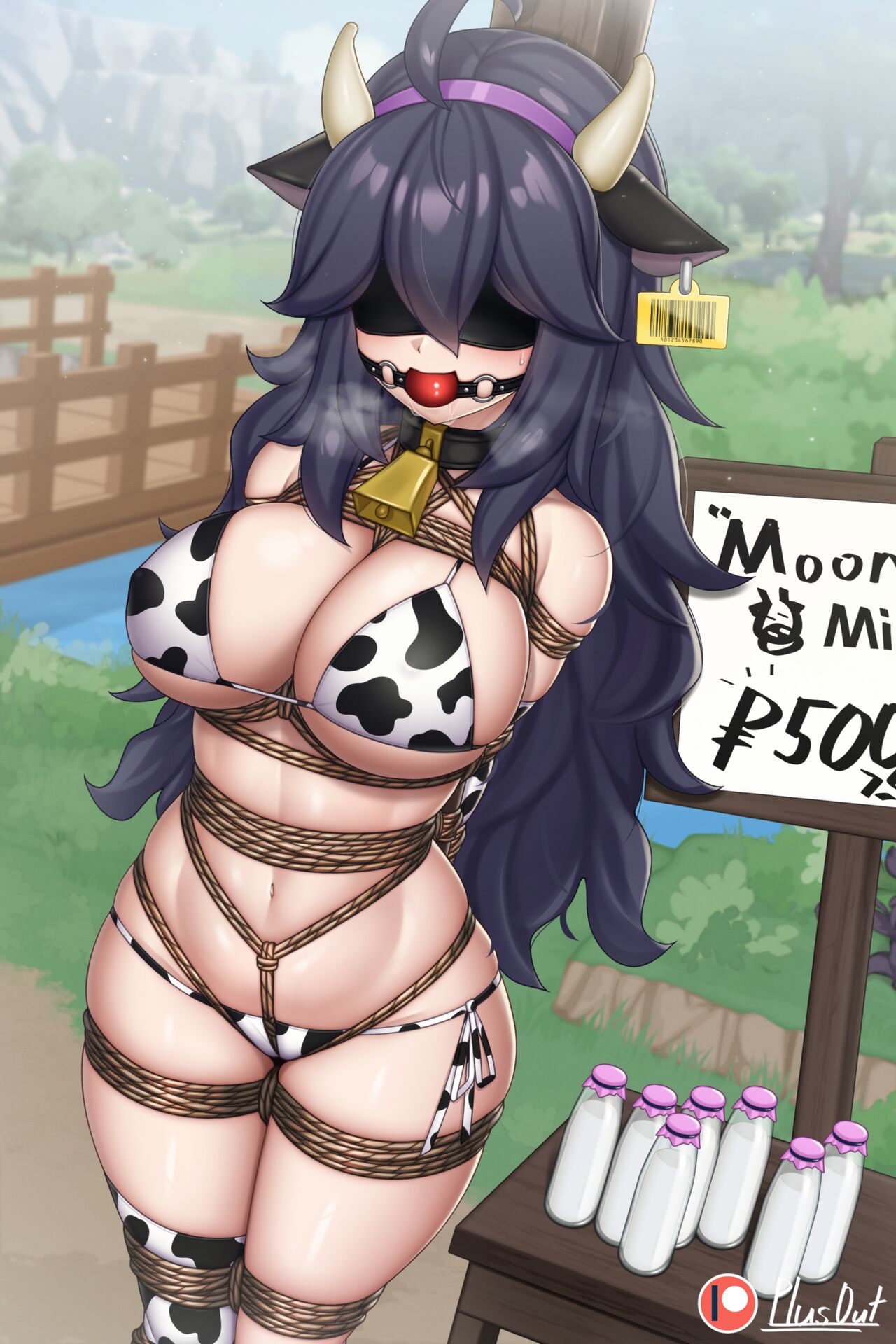 arms_behind_back arms_tied arms_together ball_gag bell_collar big_breasts blindfold bondage cow_ears cow_girl cow_horns cow_print cow_print_legwear cow_print_thighhighs female female_focus female_only femsub gag happy_female hex_maniac legs_tied legs_together looking_at_viewer plusout pokemon purple_hairband tag tied_to_pole tied_up