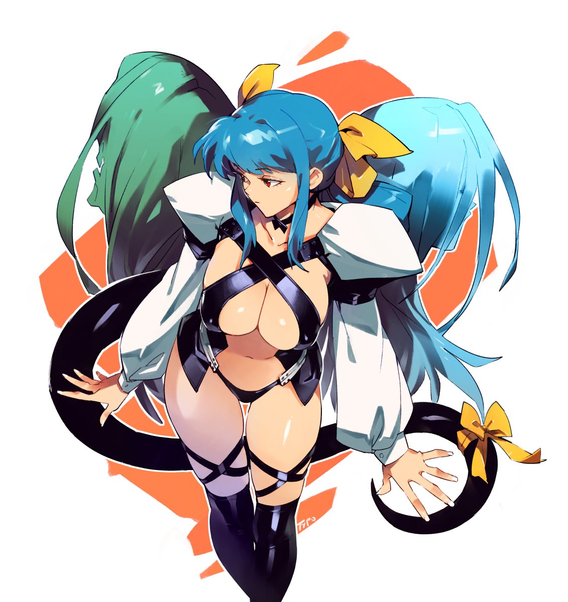 1girls arc_system_works artist_name asymmetrical_wings black_legwear black_panties blue_hair breasts center_opening cleavage closed_mouth dizzy_(guilty_gear) female fingernails guilty_gear hair_ribbon highres large_breasts long_hair long_sleeves looking_to_the_side navel necro_(guilty_gear) no_bra optionaltypo panties red_eyes revealing_clothes ribbon standing tail tail_ornament tail_ribbon thick_thighs thigh_gap thighhighs underboob undine_(guilty_gear) white_background wings yellow_ribbon