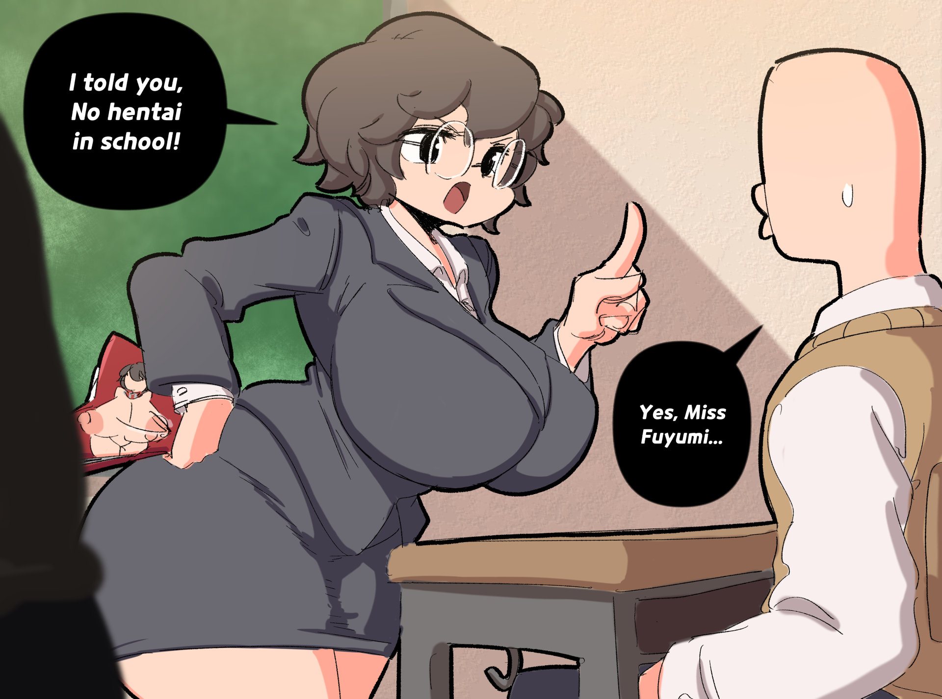 1boy, 1girls, absurd res, black eyes, black hair, breasts, breasts bigger than head, english text, female, female focus, glasses, hi res, huge breasts, human, human only, light skin, light-skinned female, light-skinned male, male, mature, mature female, original, teacher, teacher and student, text, thick thighs, thighs, wide hips, woohyoot